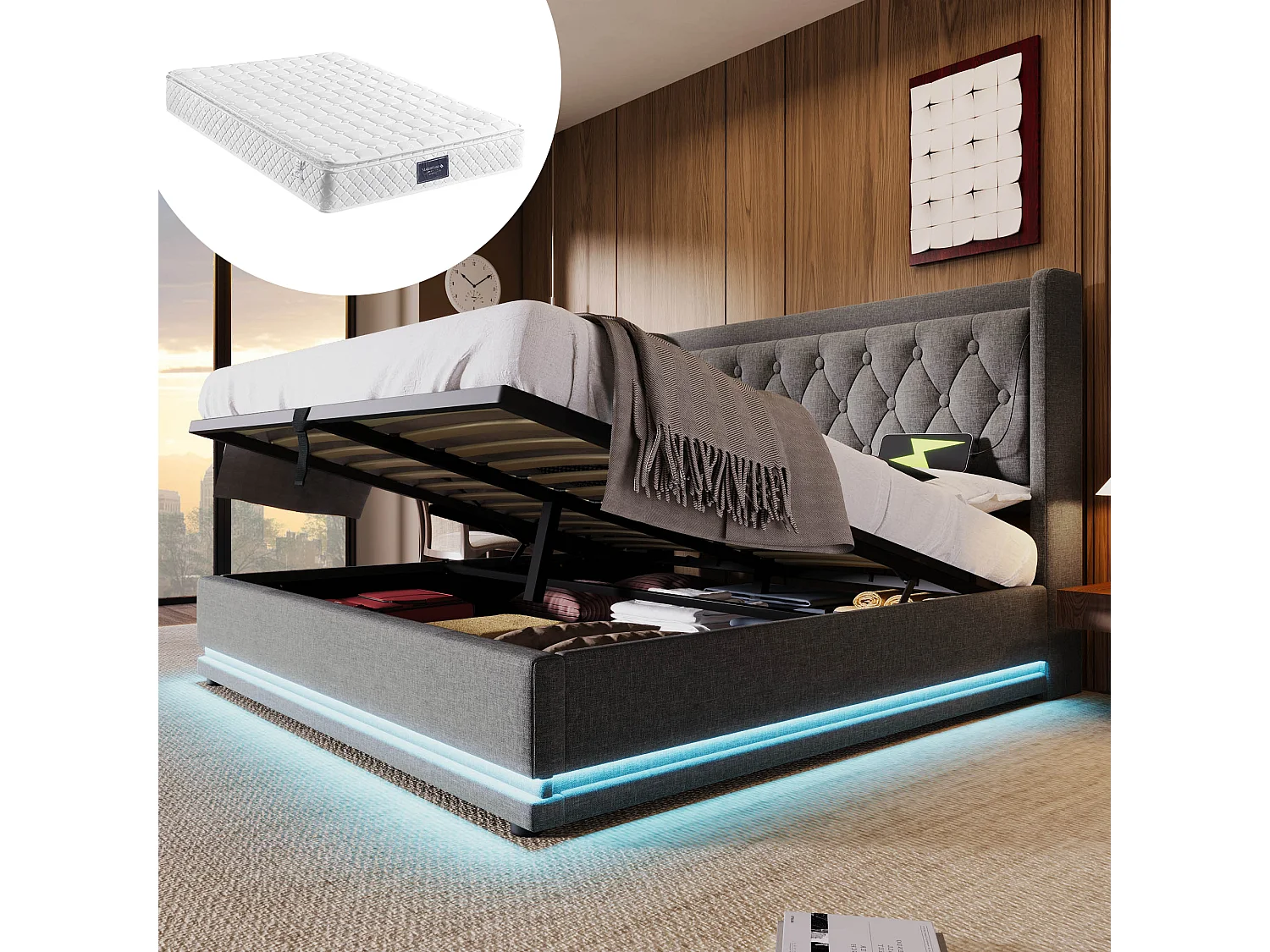 Łóżko tapicerowane dwuosobowe ze schowkiem - 140 x 200 cm - Materac + Leds + Zagłówek z USB - Tkanina bawełniana - Szary 4080341 - obrazek 1