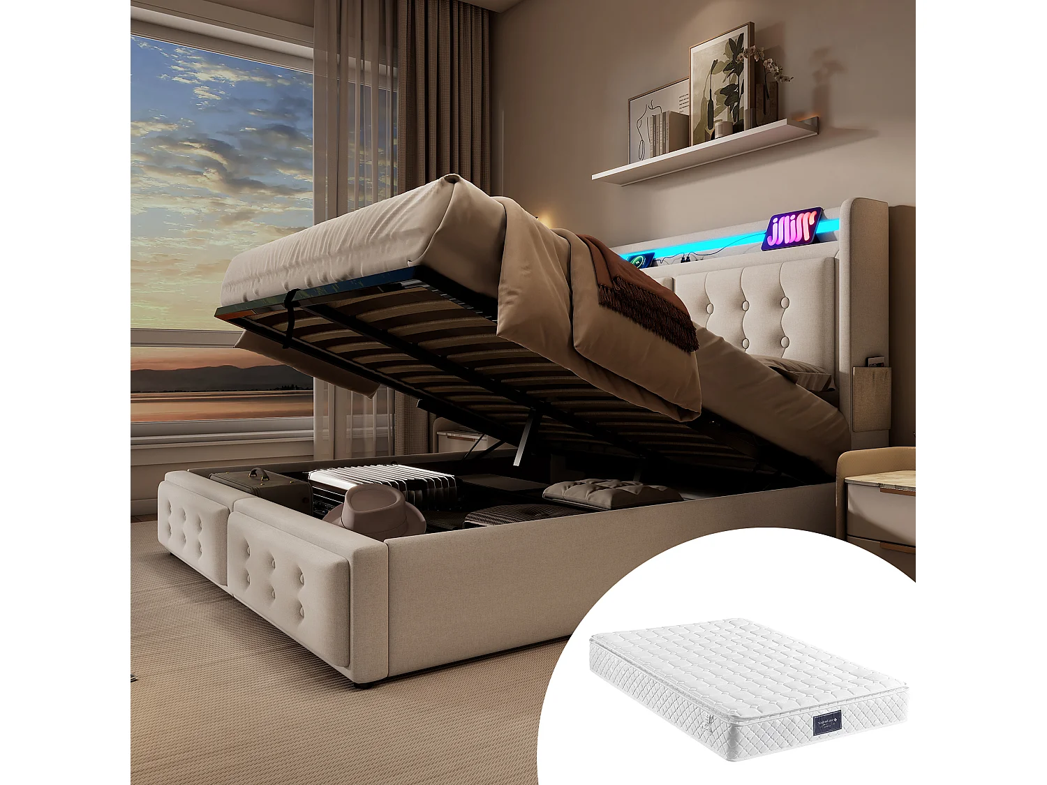 Łóżko tapicerowane dwuosobowe ze schowkiem - 140 x 200 cm - Materac + Leds + Zagłówek z USB - Drewno lite i bawełna - Beż 4080340 - obrazek 1