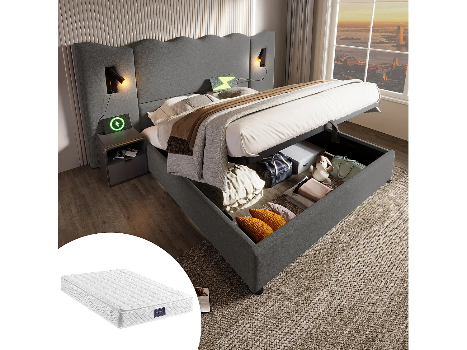 Łóżko tapicerowane dwuosobowe ze schowkiem - 160 x 200 cm - zagłówek + materac - Lampa i USB - Lite drewno i tkanina lniana - Szary 4080354 - obrazek 1