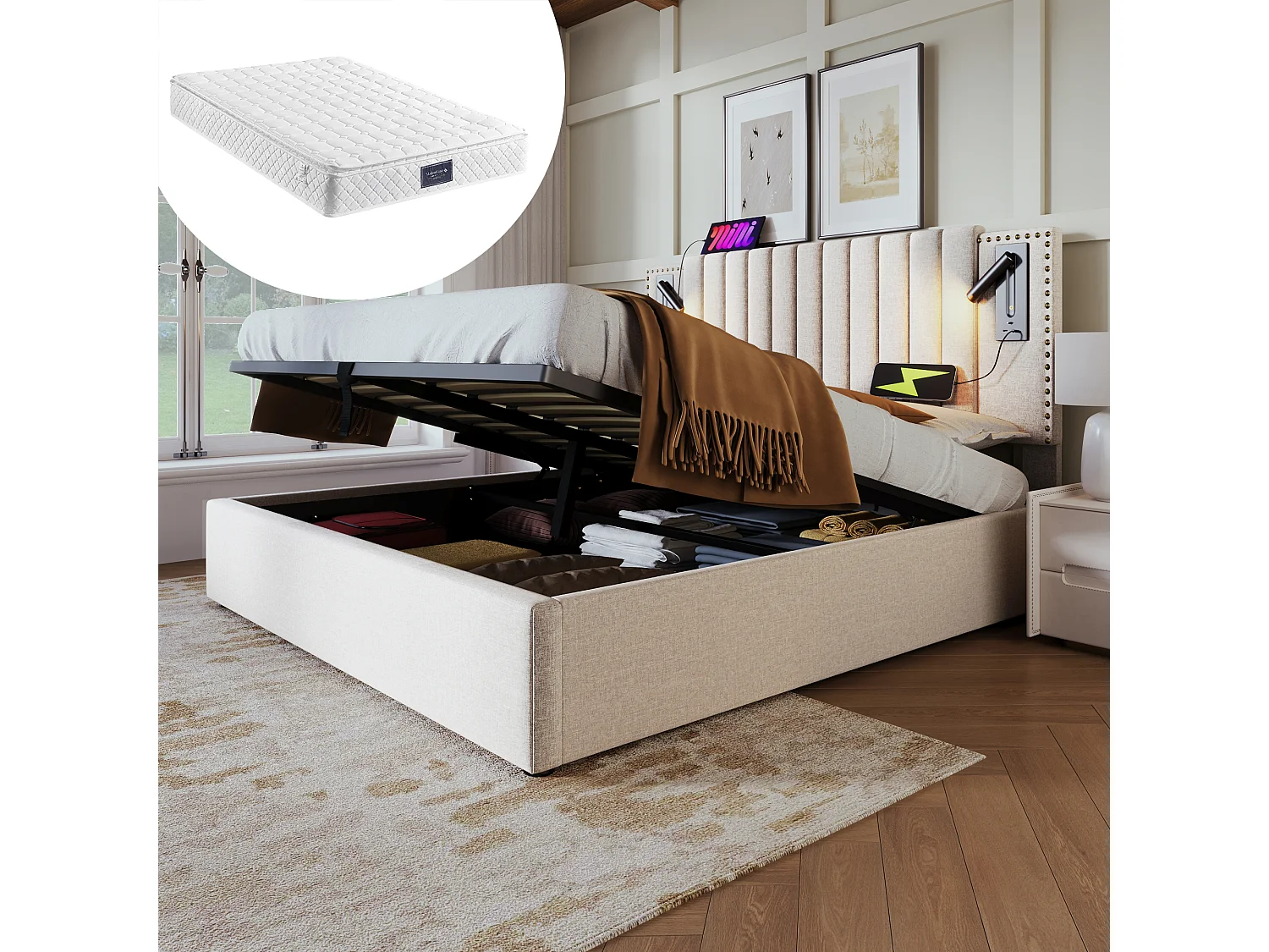 Łóżko tapicerowane dwuosobowe ze schowkiem - 160 x 200 cm - Materac + Zagłówek z USB - Tkanina bawełniana - Beżowy 4080353 - obrazek 1