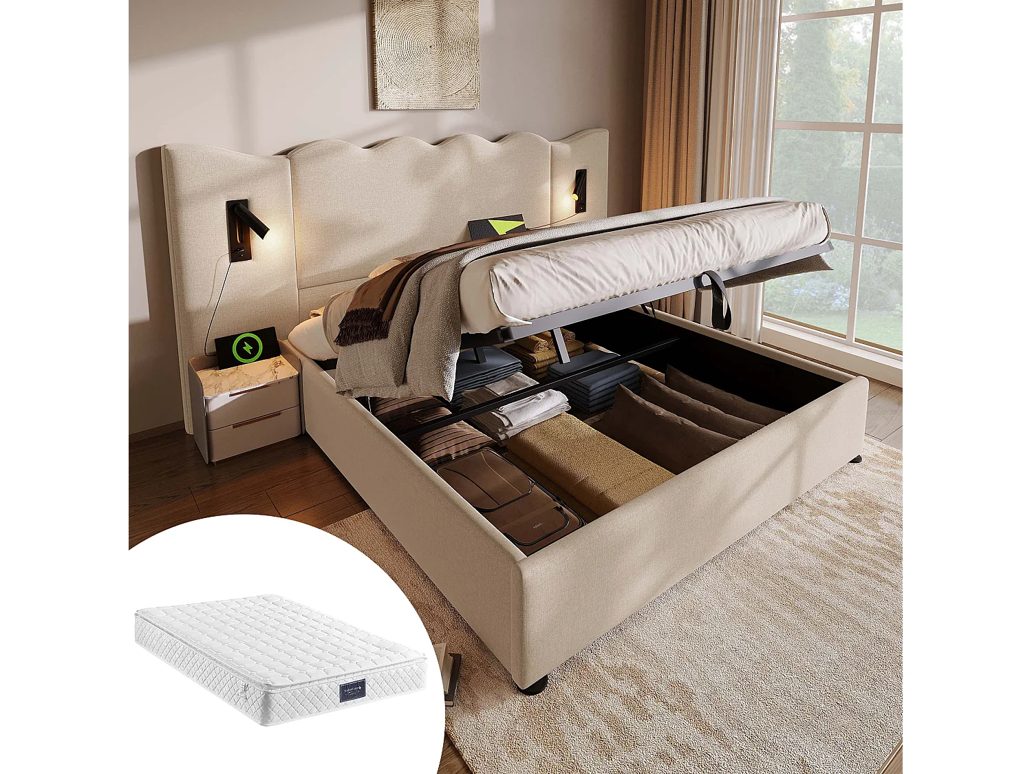 Łóżko tapicerowane z pojemnikiem na pościel - 160 x 200 cm - zagłówek + materac - Lampa i USB - Lite drewno i tkanina lniana - Beż 4080357 - obrazek 1