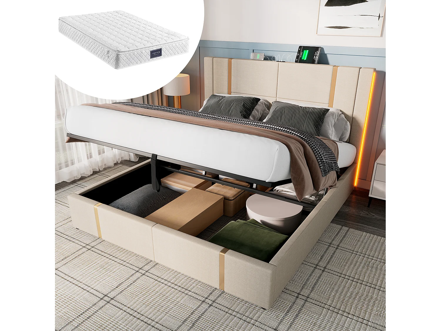 Łóżko tapicerowane dwuosobowe ze schowkiem - 160 x 200 cm - Materac + Leds + Zagłówek z USB - Tkanina lniana - Beżowy 4080359 - obrazek 1