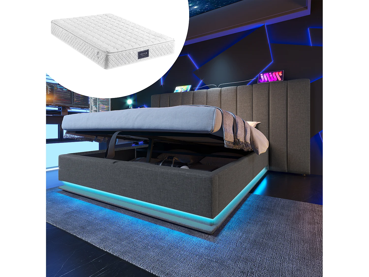 Łóżko tapicerowane dwuosobowe ze schowkiem – 160 x 200 cm – zagłówek + materac – Leds + USB – lite drewno i tkanina lniana – Szare 4080361