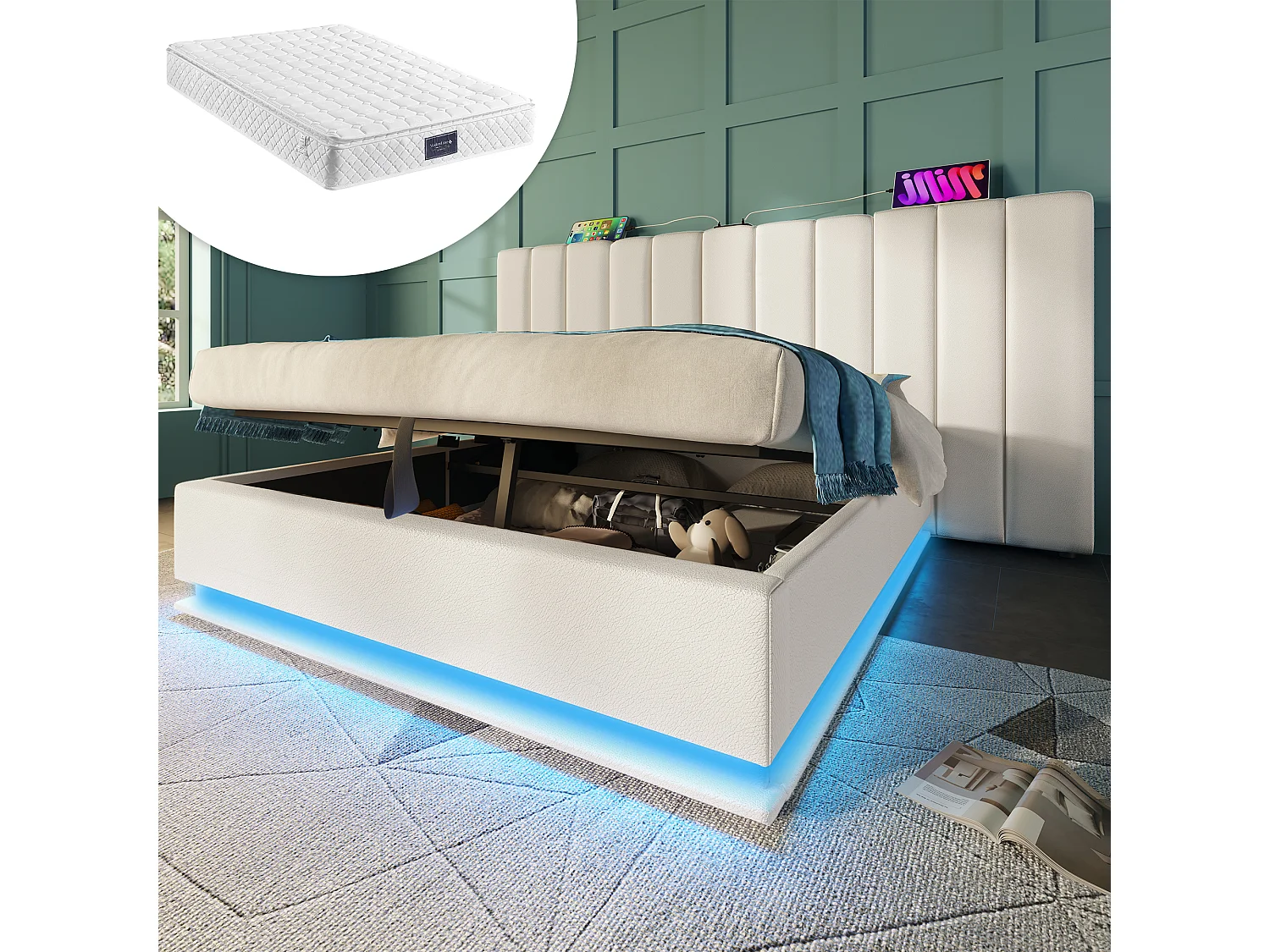 Łóżko tapicerowane dwuosobowe ze schowkiem – 160 x 200 cm – zagłówek + materac – Leds + USB – lite drewno i skóra ekologiczna – białe 4080370