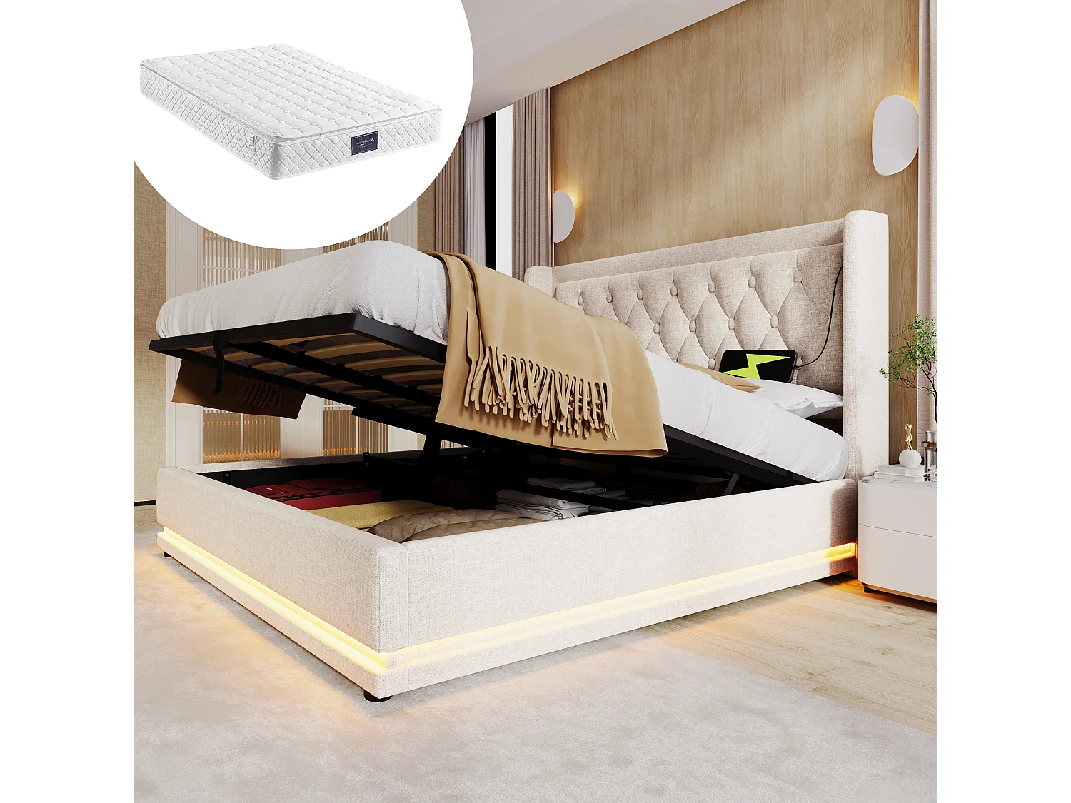 Łóżko tapicerowane dwuosobowe ze schowkiem - 160 x 200 cm - Materac + Leds + Zagłówek z USB - Tkanina bawełniana - Beżowy 4080369 - obrazek 1