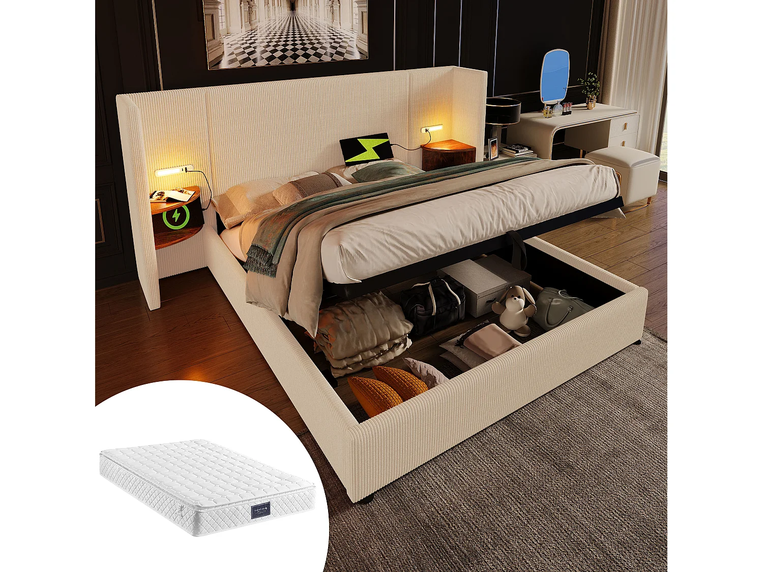 Łóżko tapicerowane z pojemnikiem na pościel - 160 x 200 cm - Stolik nocny + Materac - Lampa i USB - Lite drewno i kord - Beżowy + Biały 4080367 - obrazek 1