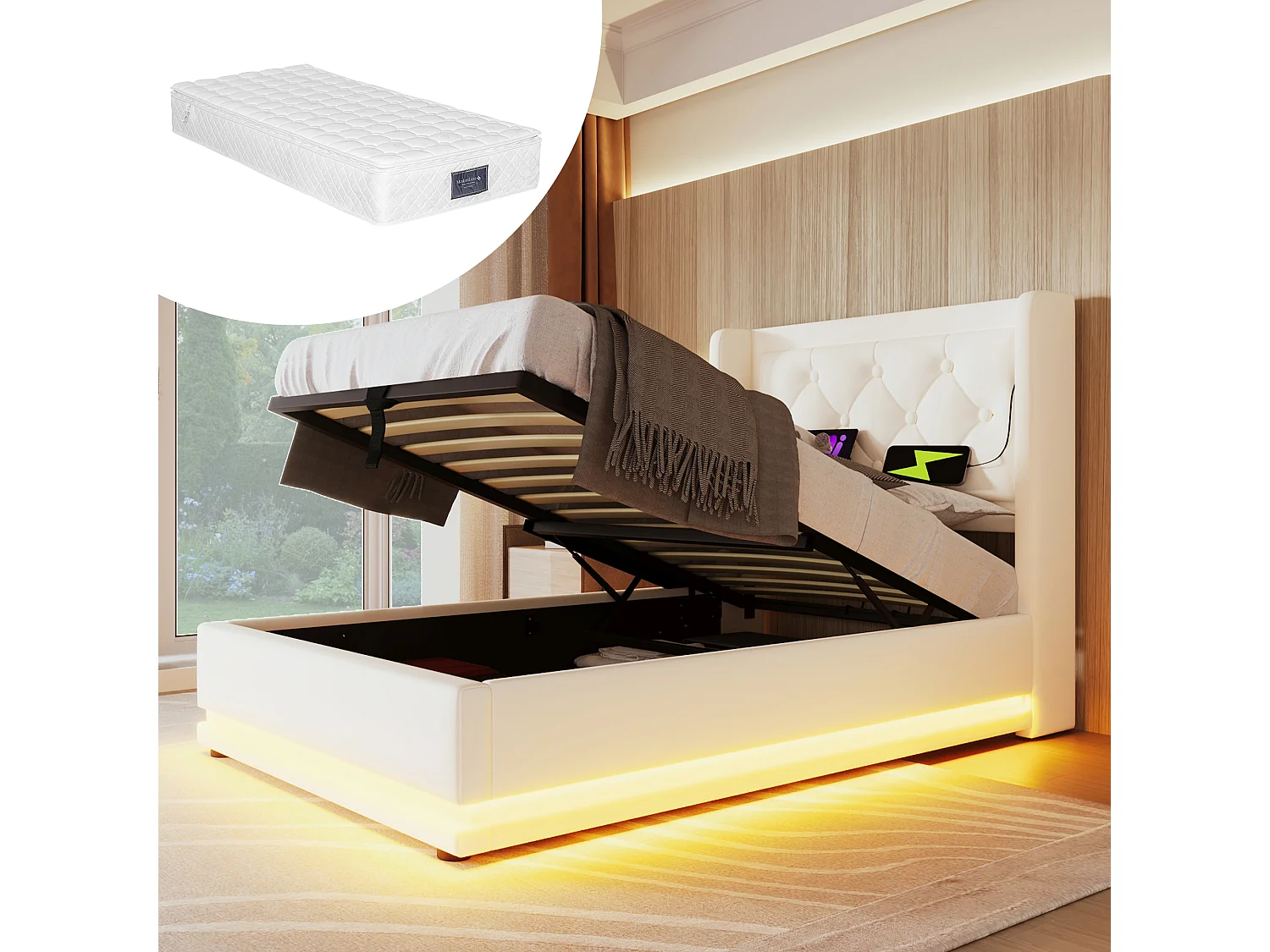 Łóżko tapicerowane dziecięce ze schowkiem - 90 x 200 cm - Materac + Leds + Zagłówek z USB - Skóra ekologiczna - Biały 4080372 - obrazek 1