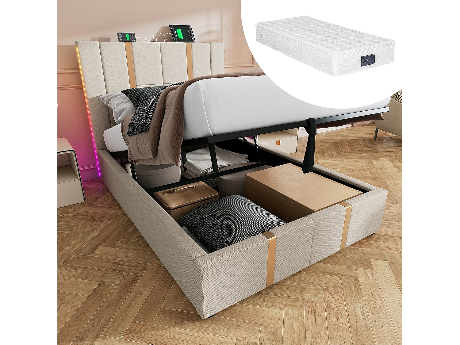 Łóżko tapicerowane dwuosobowe ze schowkiem - 140 x 200 cm - Materac + Leds + Zagłówek z USB - Tkanina lniana - Beżowy 4080373 - obrazek 1