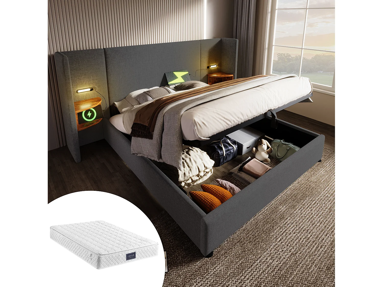 Łóżko tapicerowane z pojemnikiem na pościel - 160 x 200 cm - Stolik nocny + Materac - Lampa i USB - Drewno lite i tkanina lniana - Szary 4080374 - obrazek 1