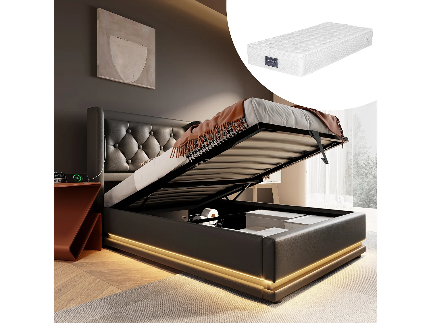 Łóżko tapicerowane dziecięce ze schowkiem - 90 x 200 cm - Materac + Leds + Zagłówek z USB - Skóra ekologiczna - Czarny 4080380 - obrazek 1