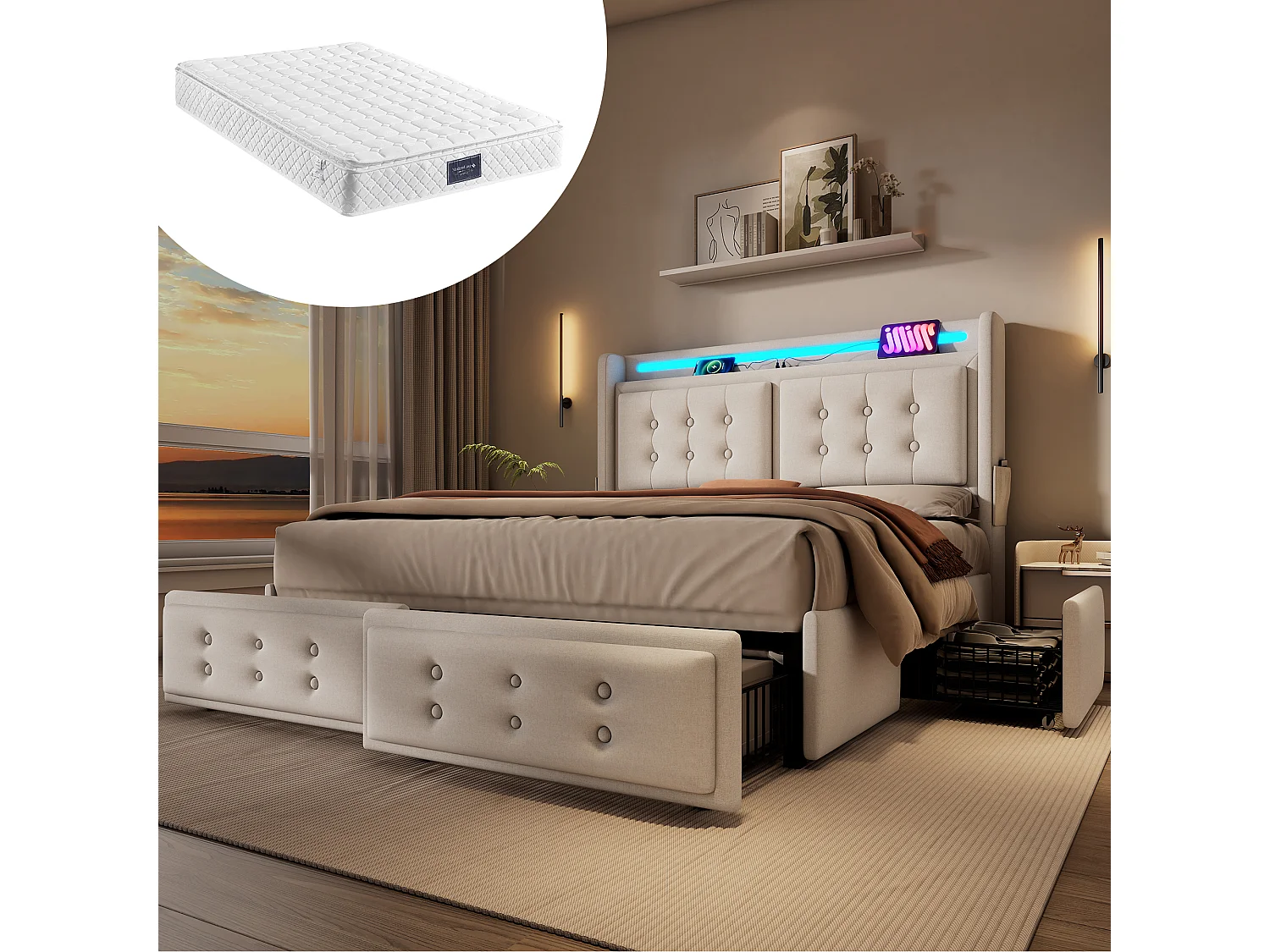 Łóżko tapicerowane z pojemnikiem na pościel - 140 x 200 cm - Materac + Leds + 4 szuflady + Zagłówek z USB - Tkanina bawełniana - Beżowy 4080382 - obrazek 1