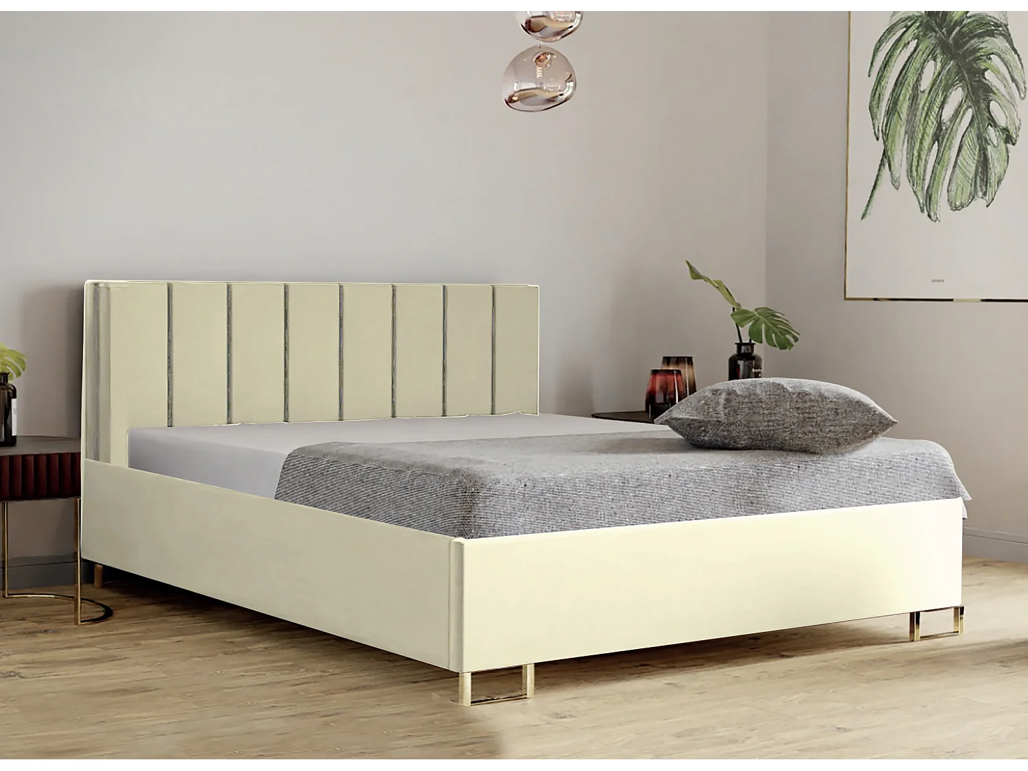 Łóżko tapicerowane MALIBU, wezgłowie, obicie VELUTTO, pojemnik na pościel, podnośnik gazowy, wysokość spania 39 cm, 180x200 cm, Beżowy 4085237 - obrazek 1