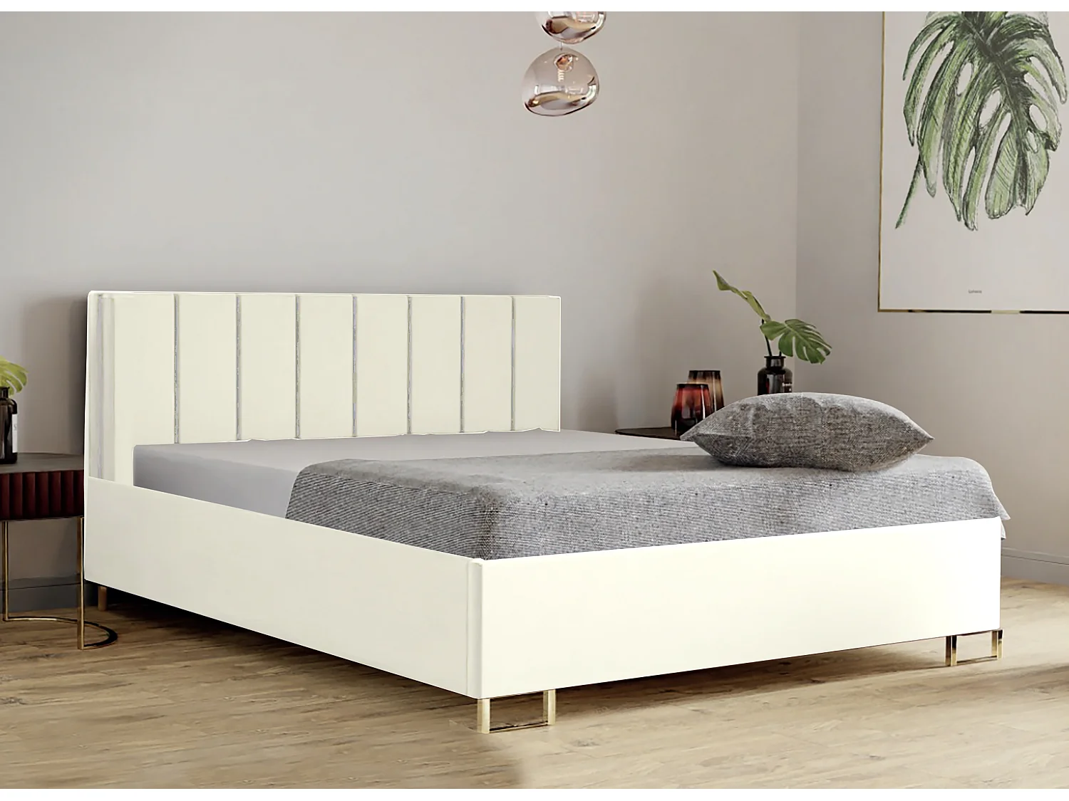 Łóżko tapicerowane MALIBU, wezgłowie, obicie VELUTTO, pojemnik na pościel, podnośnik gazowy, wysokość spania 39 cm, 160x200 cm, Biały 4085240 - obrazek 1