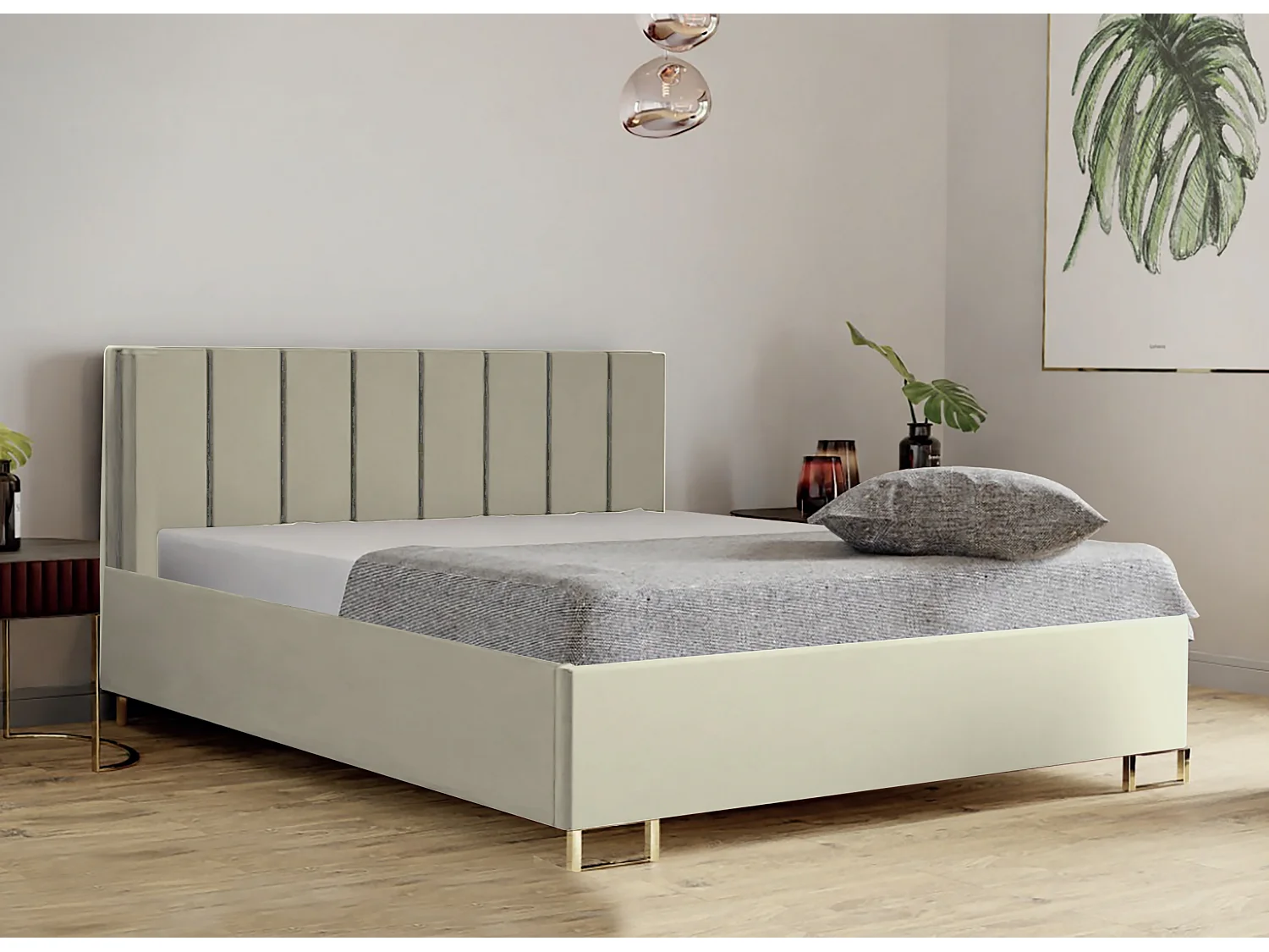Łóżko tapicerowane MALIBU, wezgłowie, obicie VELUTTO, pojemnik na pościel, podnośnik gazowy, wysokość spania 39 cm, 120x200 cm, Ciemny Beż 4085275 - obrazek 1