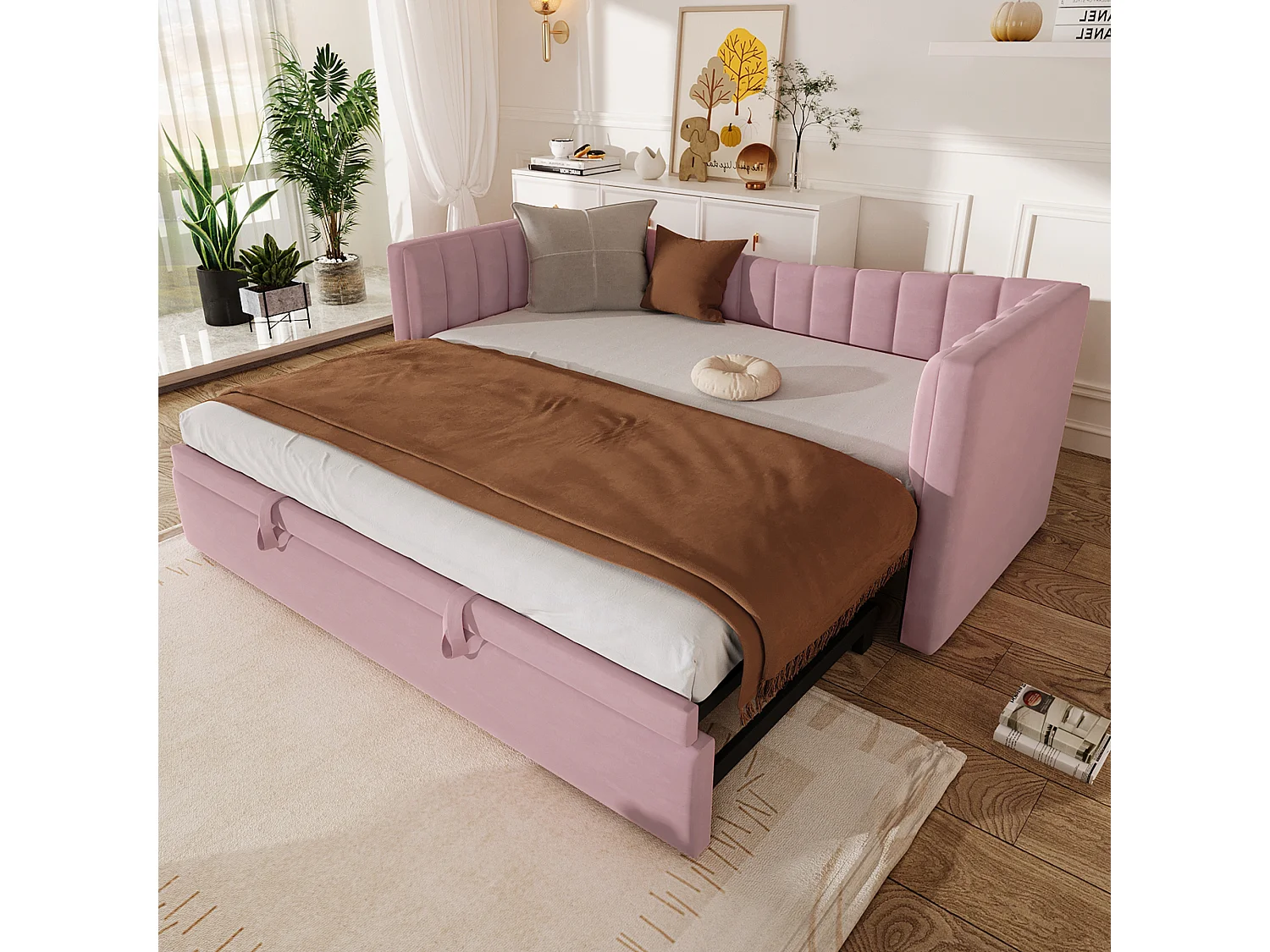 Łóżko tapicerowane wysuwane - 90/180 x 190 cm - Sofa rozkładana - welur + MDF - różowy 4088808 - obrazek 1
