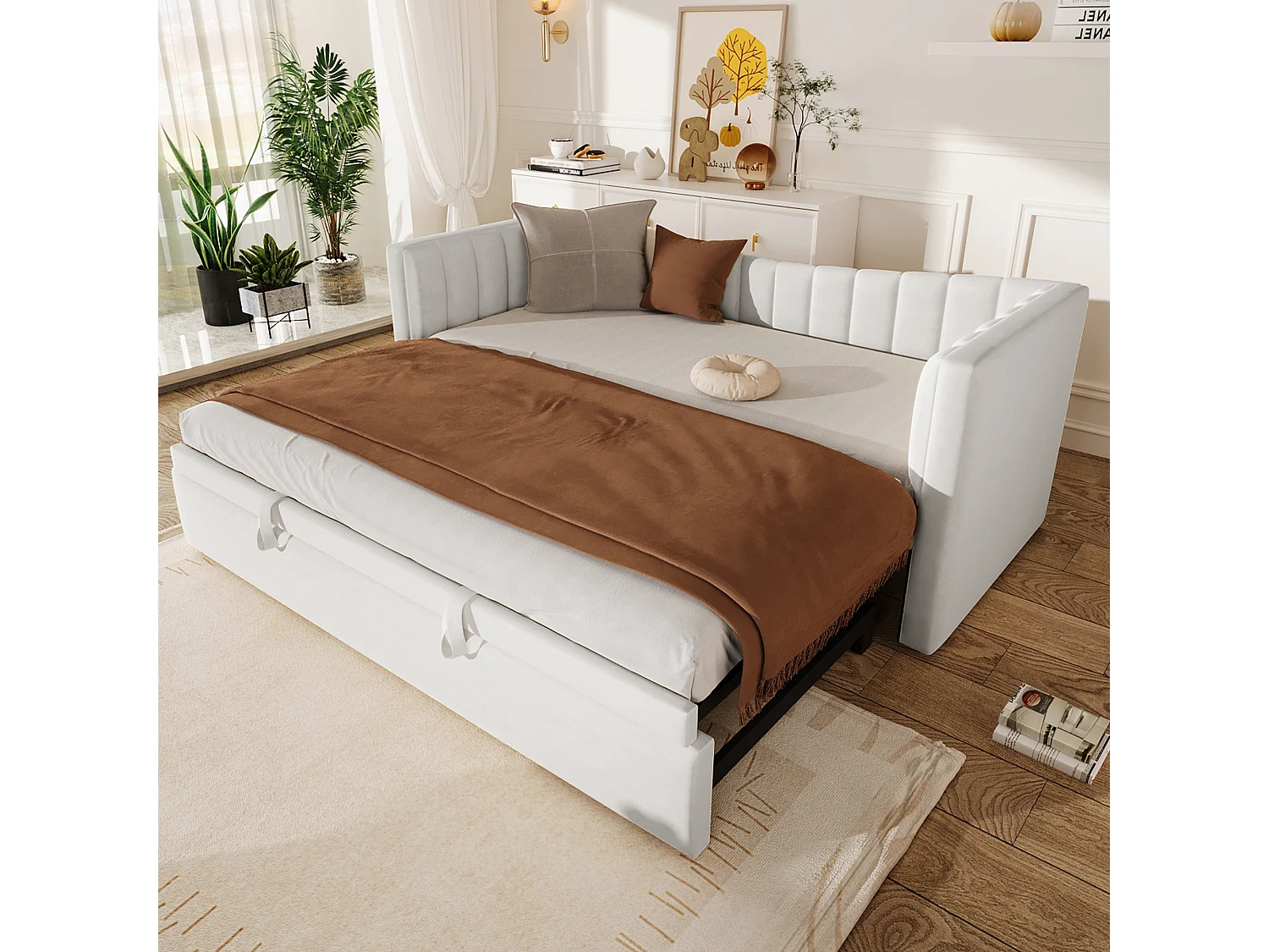 Łóżko tapicerowane wysuwane - 90/180 x 190 cm - Sofa rozkładana - welur + MDF - Biały 4088825 - obrazek 1
