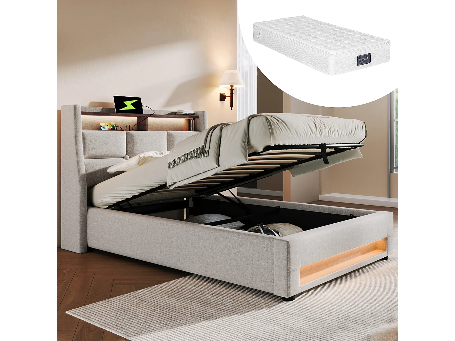 Łóżko tapicerowane z pojemnikiem dla młodzieży - 90 x 200 cm - Materac + LED-y + Zagłówek z USB - Tkanina lniana - Beż 4088835 - obrazek 1