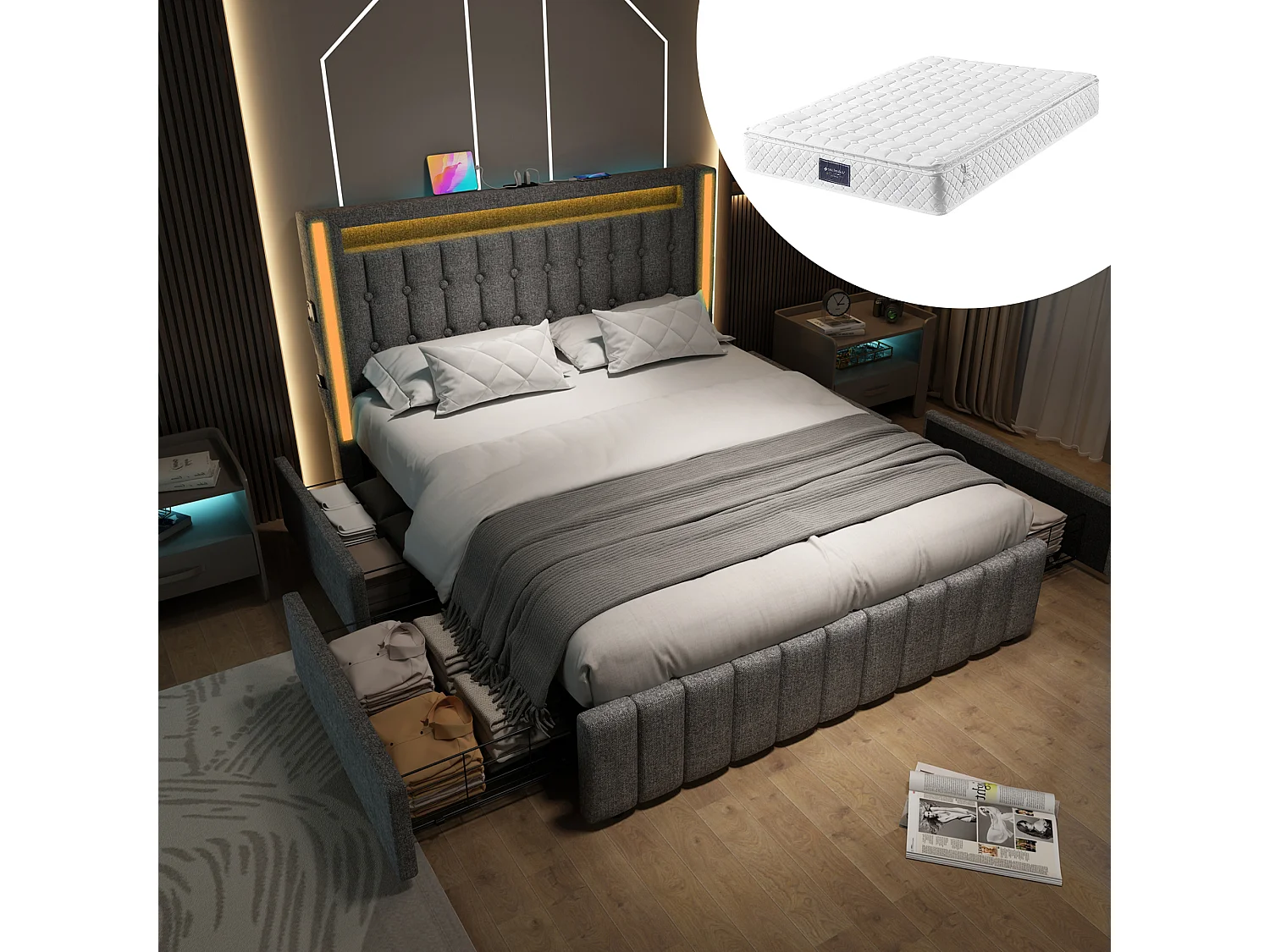 Łóżko tapicerowane dwuosobowe ze schowkiem - 160 x 200 cm - Materac + LED-y + 4 szuflady + Zagłówek z USB - tkanina lniana - Szary 4088836 - obrazek 1