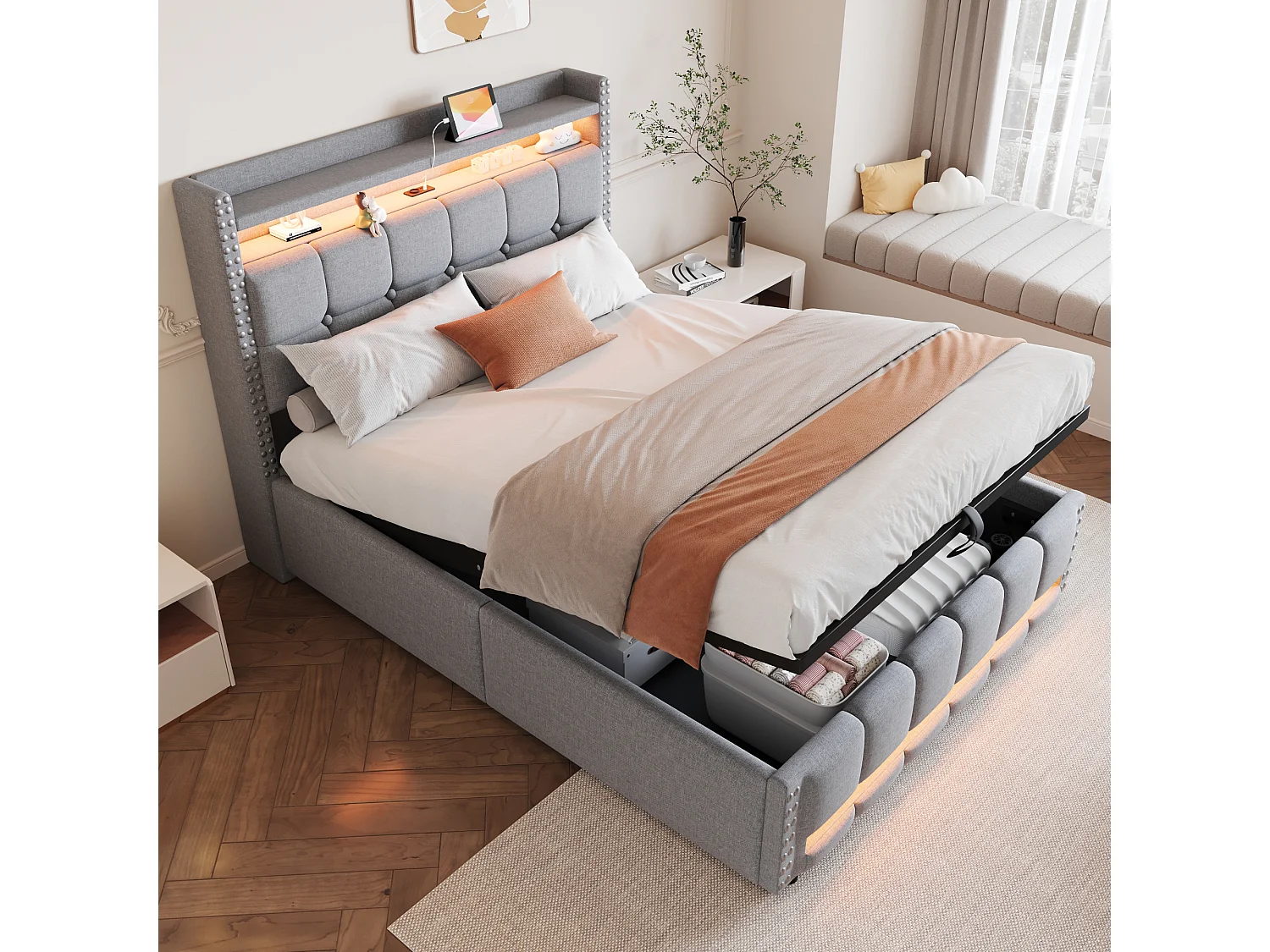 Łóżko tapicerowane podwójne ze schowkiem - 140 x 200 cm - LED + Zagłówek z USB - Tkanina lniana - Jasnoszary 4088840 - obrazek 1