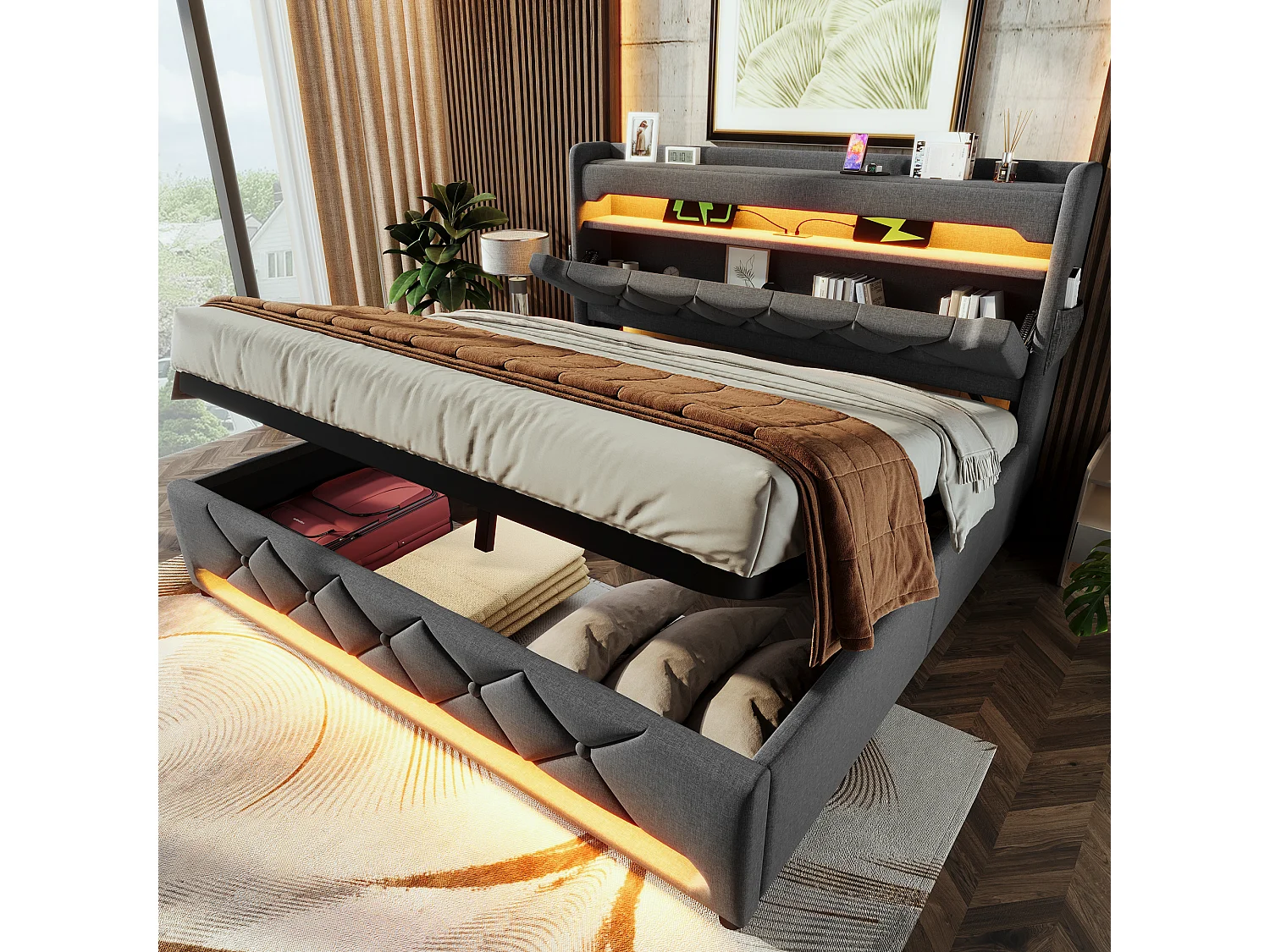 Łóżko tapicerowane dwuosobowe ze schowkiem - 180 x 200 cm - 360° LED + Zagłówek z USB i Type-C - tkanina lniana - szary 4088843 - obrazek 1