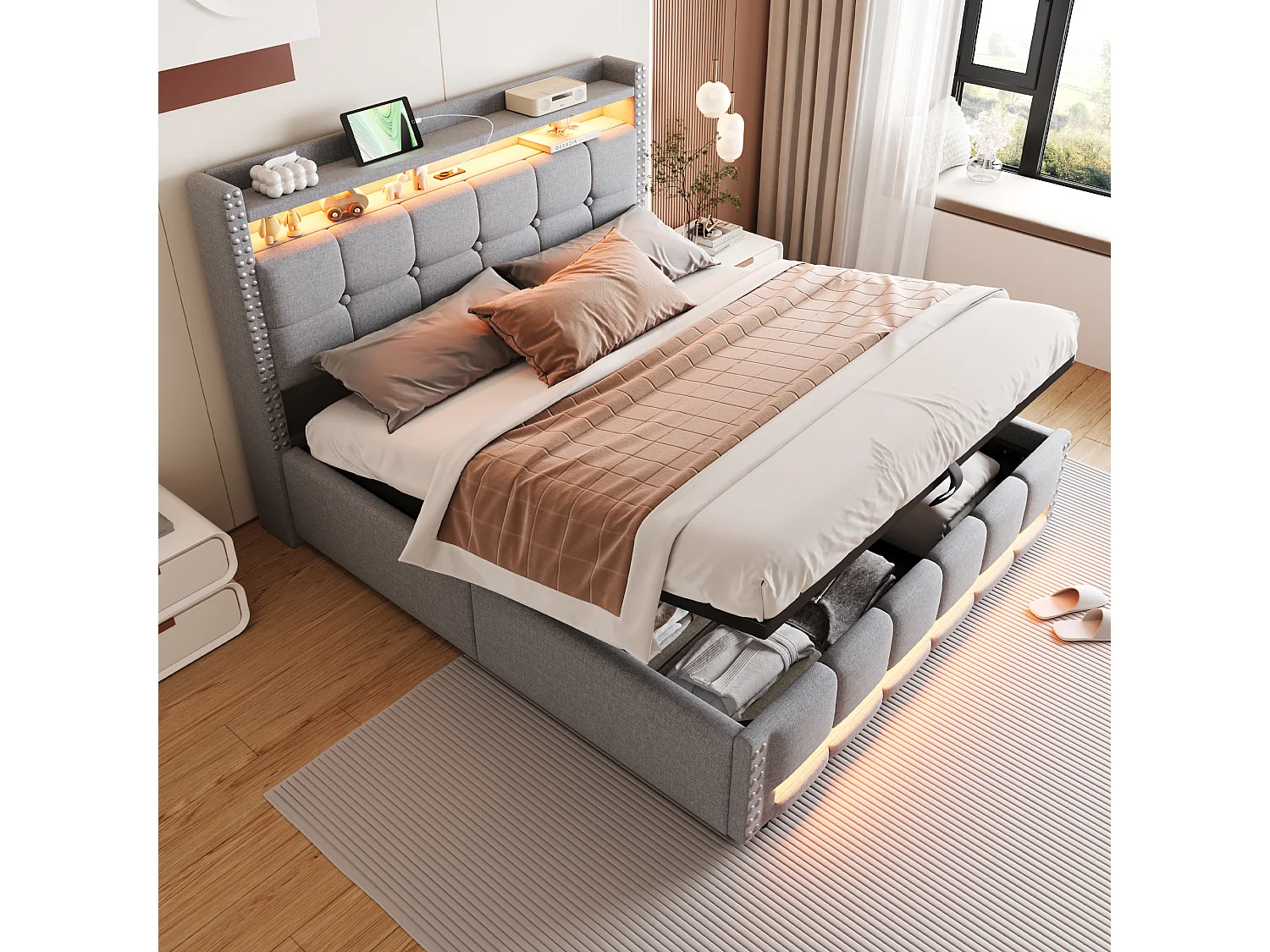 Łóżko tapicerowane podwójne ze schowkiem - 160 x 200 cm - LED + Zagłówek z USB - Tkanina lniana - Jasnoszary 4088847 - obrazek 1