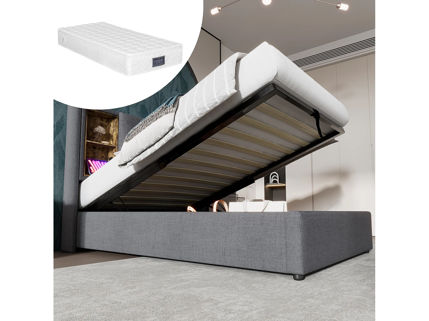 Łóżko tapicerowane ze schowkiem - 90 x 200 cm - Materac + Zagłówek z USB - Tkanina bawełniana - Szary 4088845 - obrazek 1