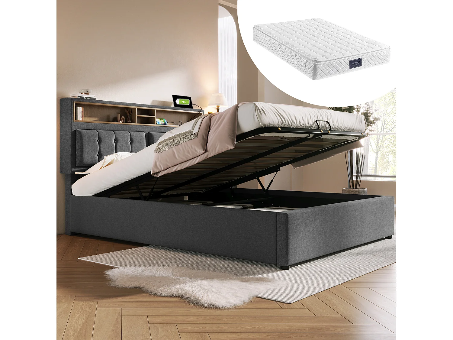 Łóżko tapicerowane dwuosobowe ze schowkiem - 140 x 200 cm - Materac + Zagłówek z USB - Tkanina lniana - Szary 4088853 - obrazek 1