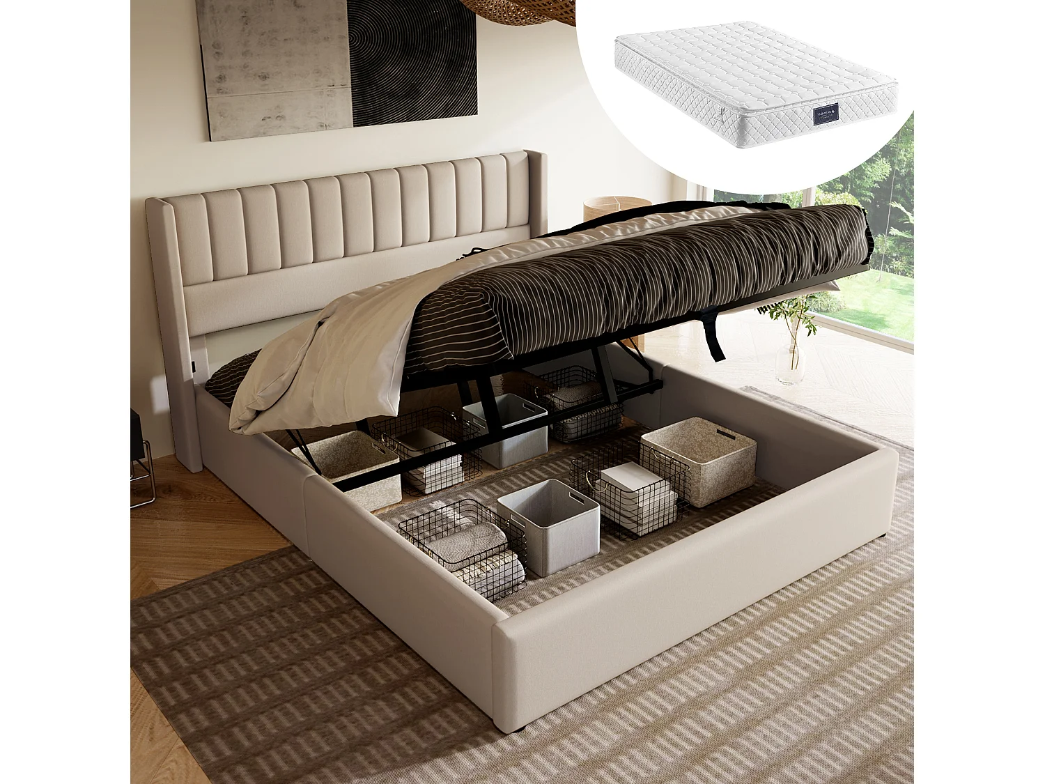 Łóżko tapicerowane dwuosobowe ze schowkiem - 160 x 200 cm - Materac + Zagłówek - lite drewno + len + metal - Beżowe 4088864 - obrazek 1