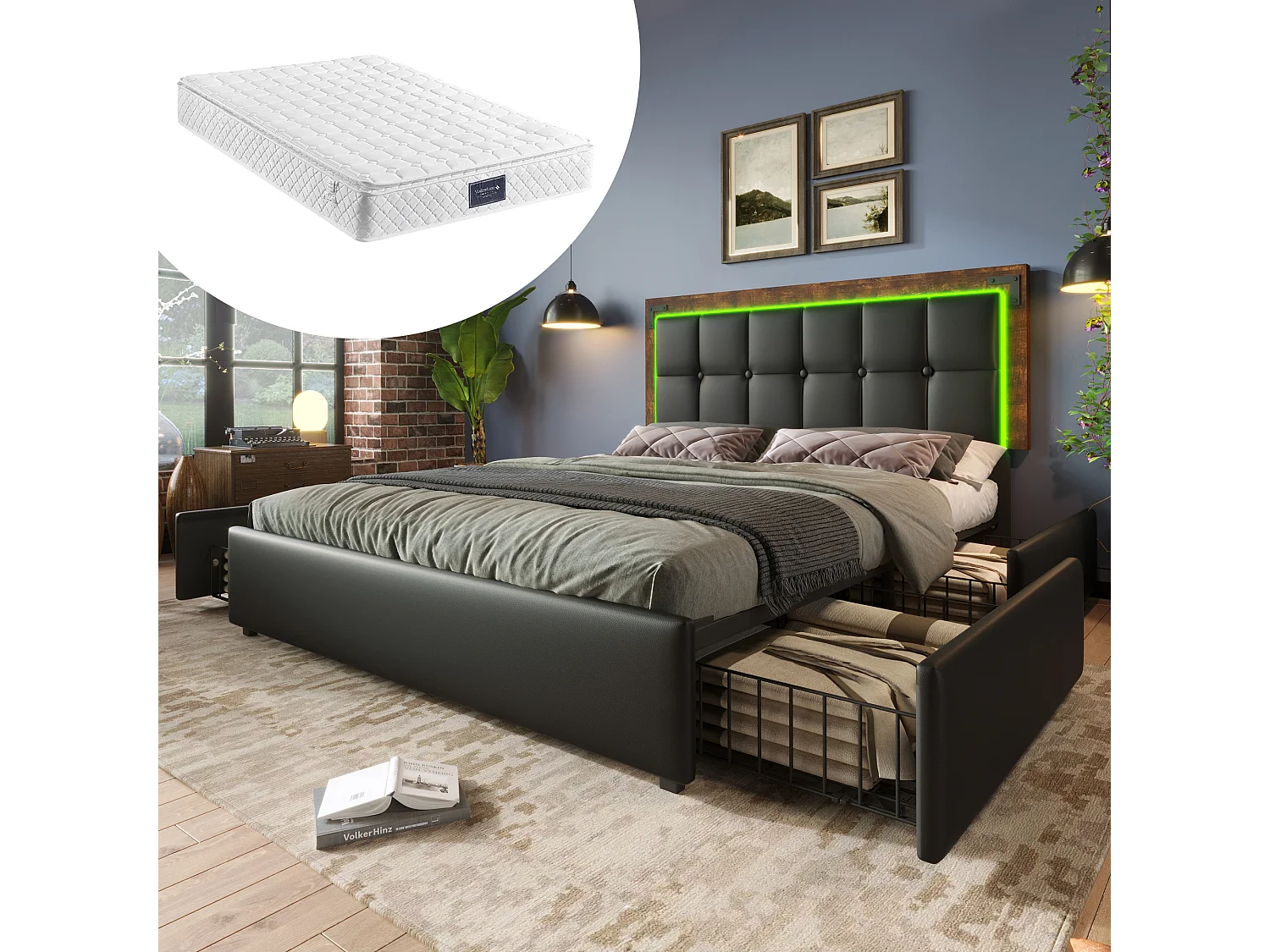 Łóżko tapicerowane z pojemnikiem na pościel - 160 x 200 cm - Materac + LED-y + 4 szuflady + Regulowany zagłówek - Skóra PU - Czarny 4088861 - obrazek 1