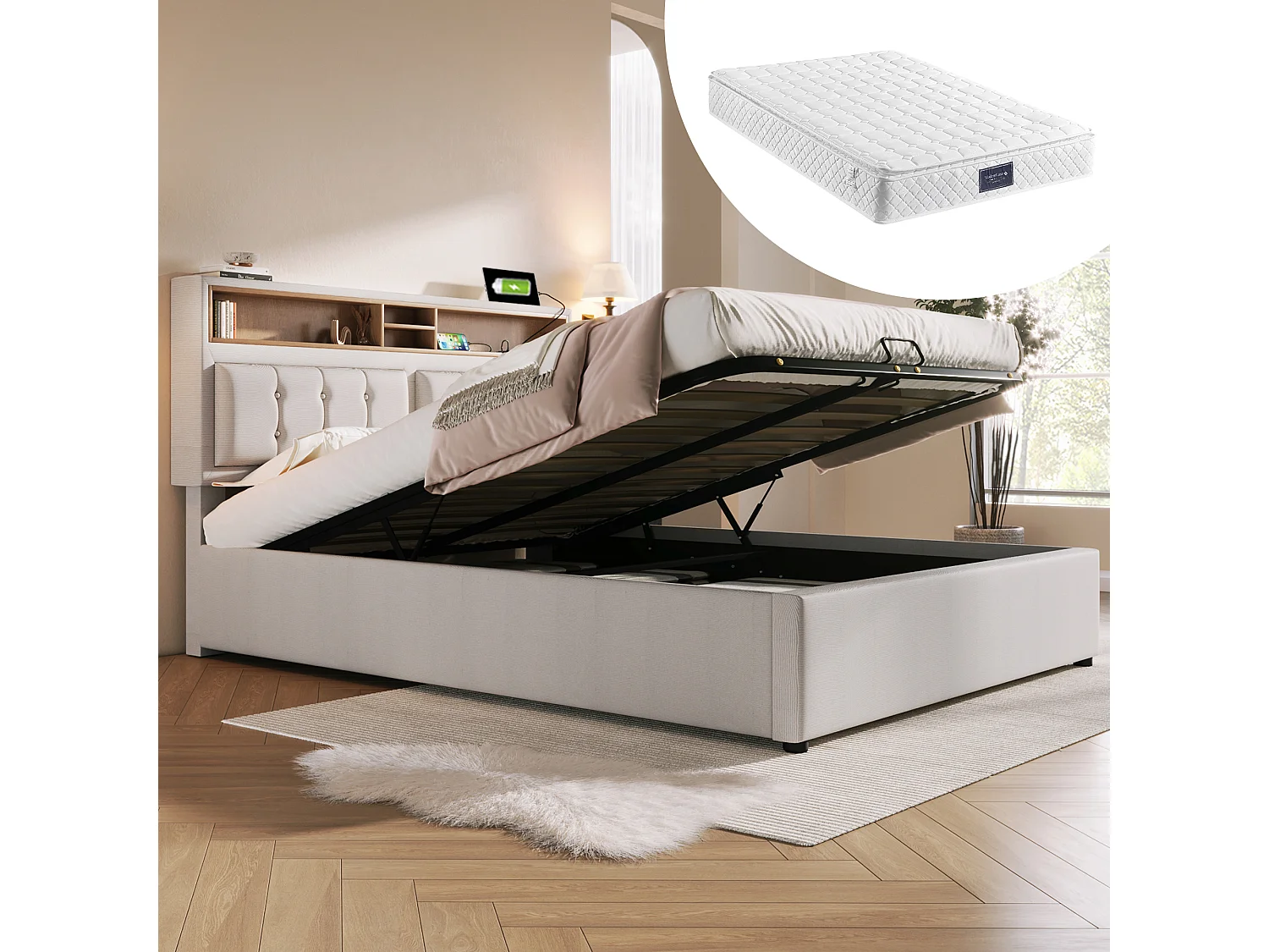 Łóżko tapicerowane z pojemnikiem na pościel - 160 x 200 cm - Materac + Zagłówek z USB - Tkanina lniana - Beżowy 4088866 - obrazek 1