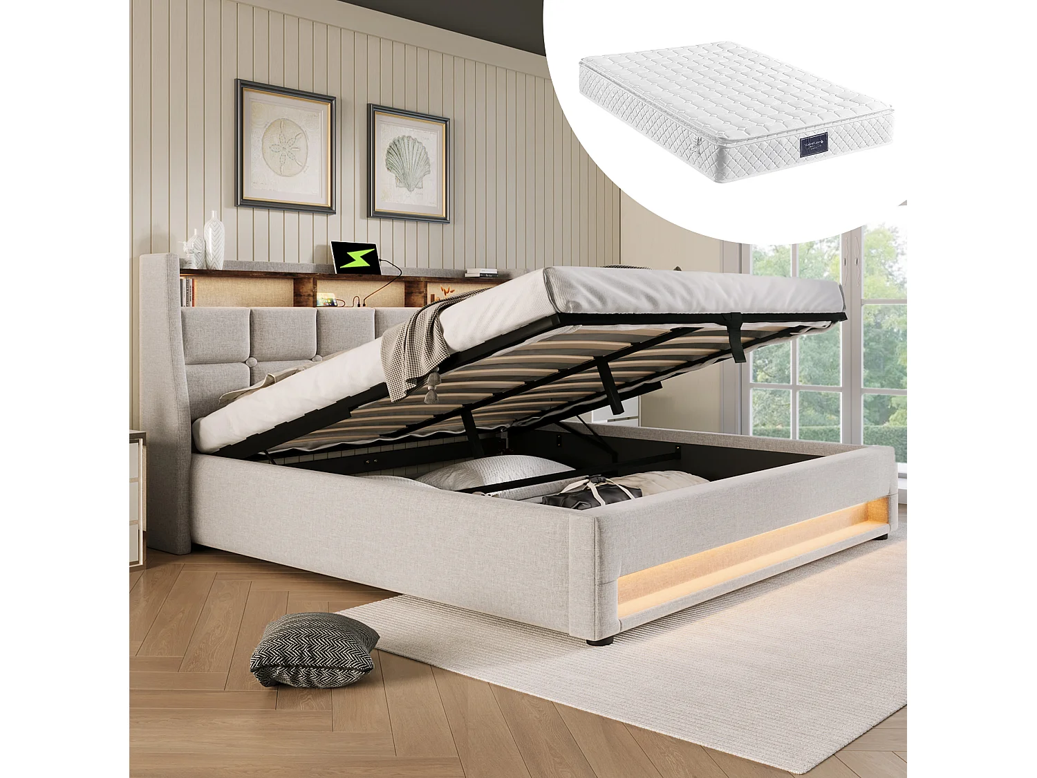 Łóżko tapicerowane z pojemnikiem dla młodzieży - 140 x 200 cm - Materac + LEDy + Zagłówek z USB - Tkanina lniana - Beż 4088867 - obrazek 1