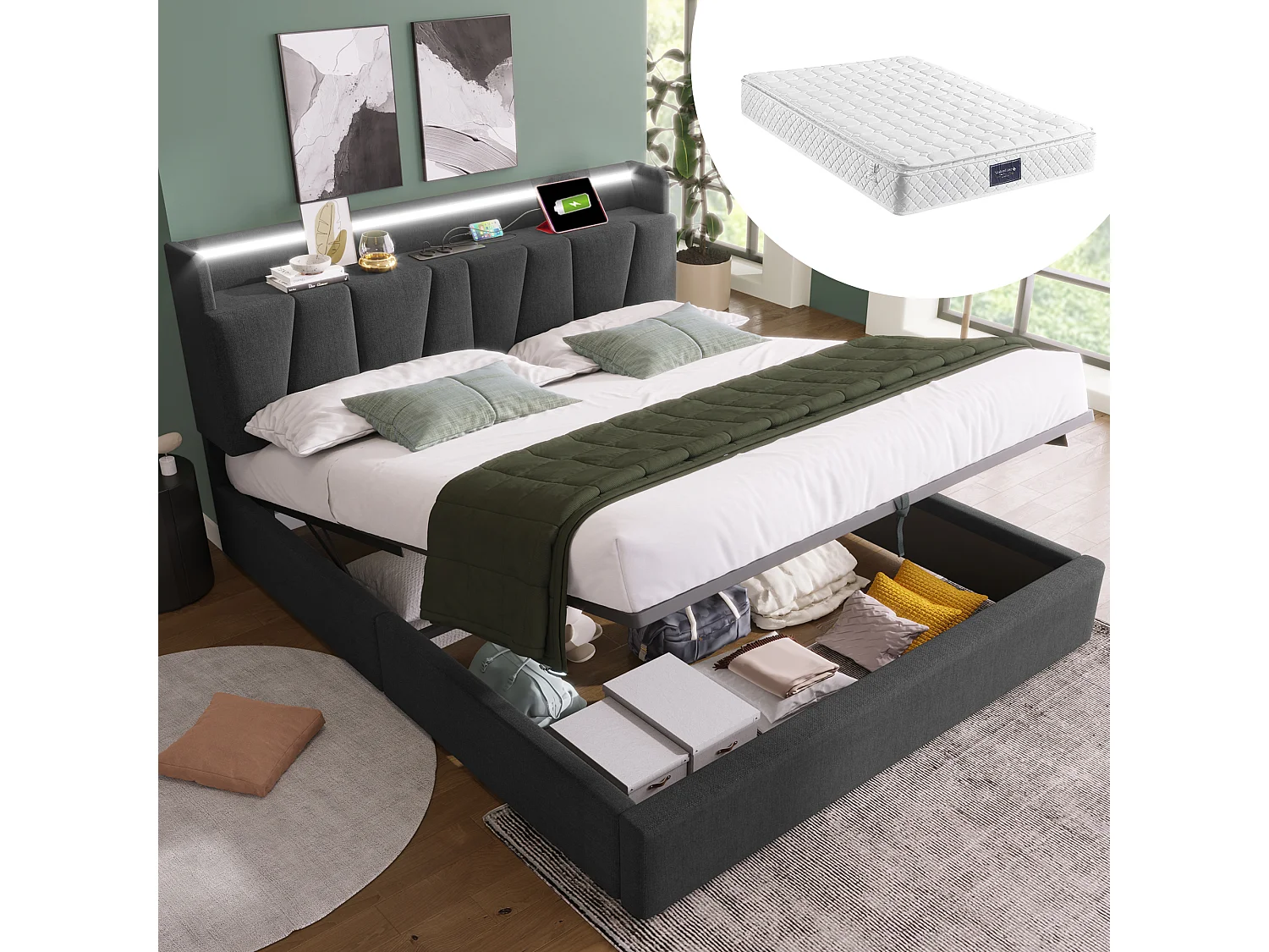 Łóżko tapicerowane dwuosobowe ze schowkiem - 160 x 200 cm - Materac - LED + Zagłówek z USB - Tkanina lniana - Szary 4088873 - obrazek 1