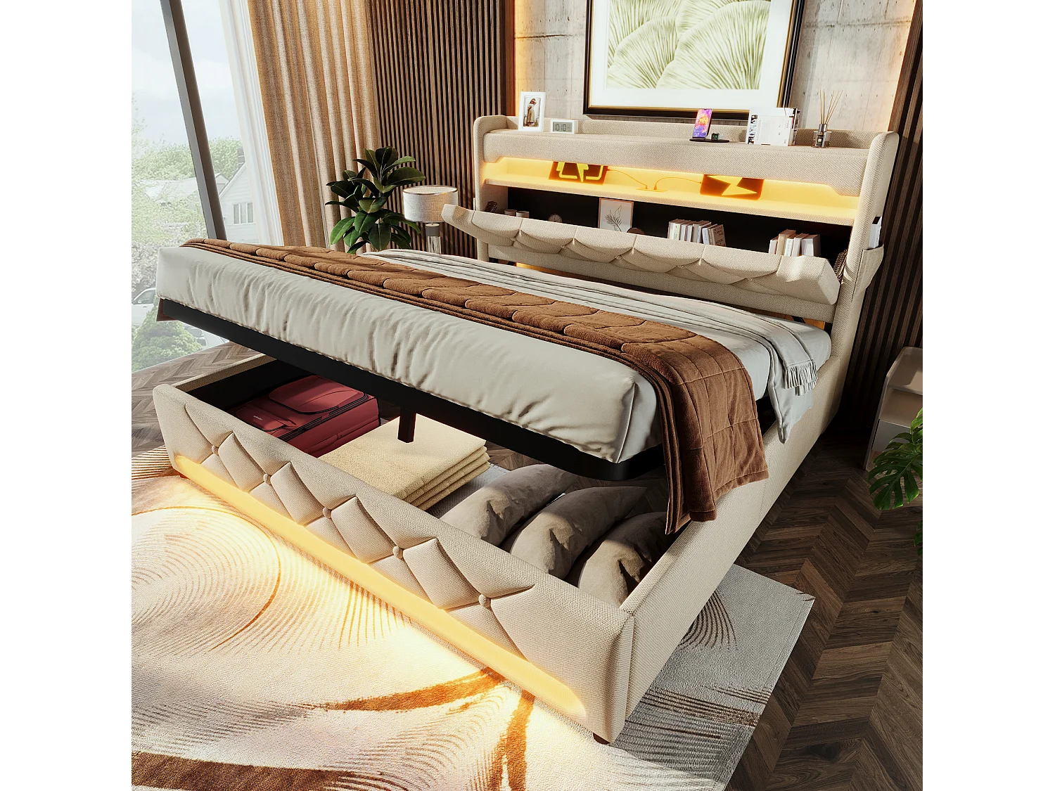 Łóżko tapicerowane dwuosobowe ze schowkiem - 160 x 200 cm - 360° LED + Zagłówek z USB i Type-C - tkanina lniana - beż 4088880 - obrazek 1