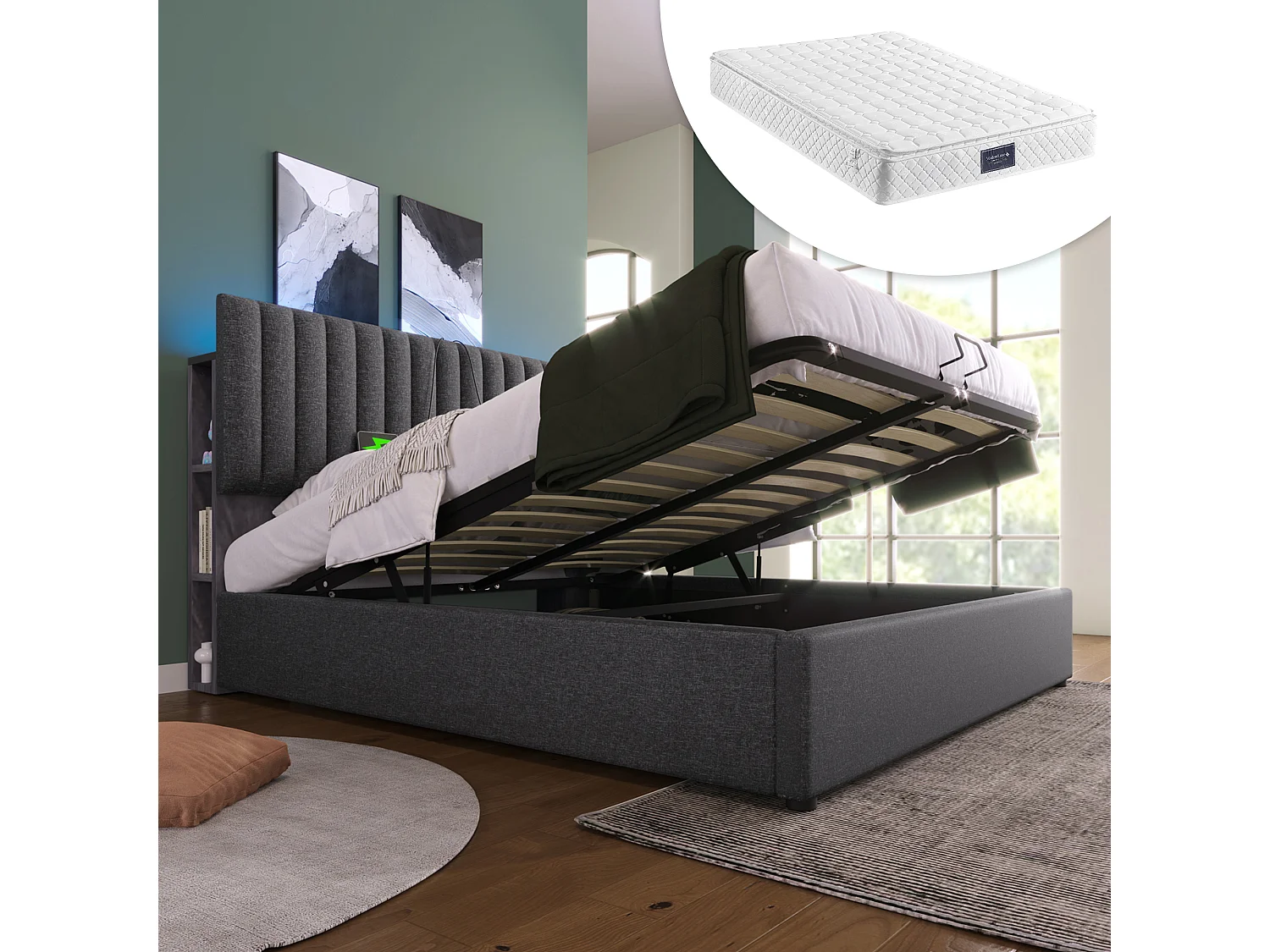 Łóżko tapicerowane dwuosobowe ze schowkiem - 140 x 200 cm - Materac + LED-y + Regulowany zagłówek z USB - len + metal + sklejka + MDF - Szary 4088879 - obrazek 1