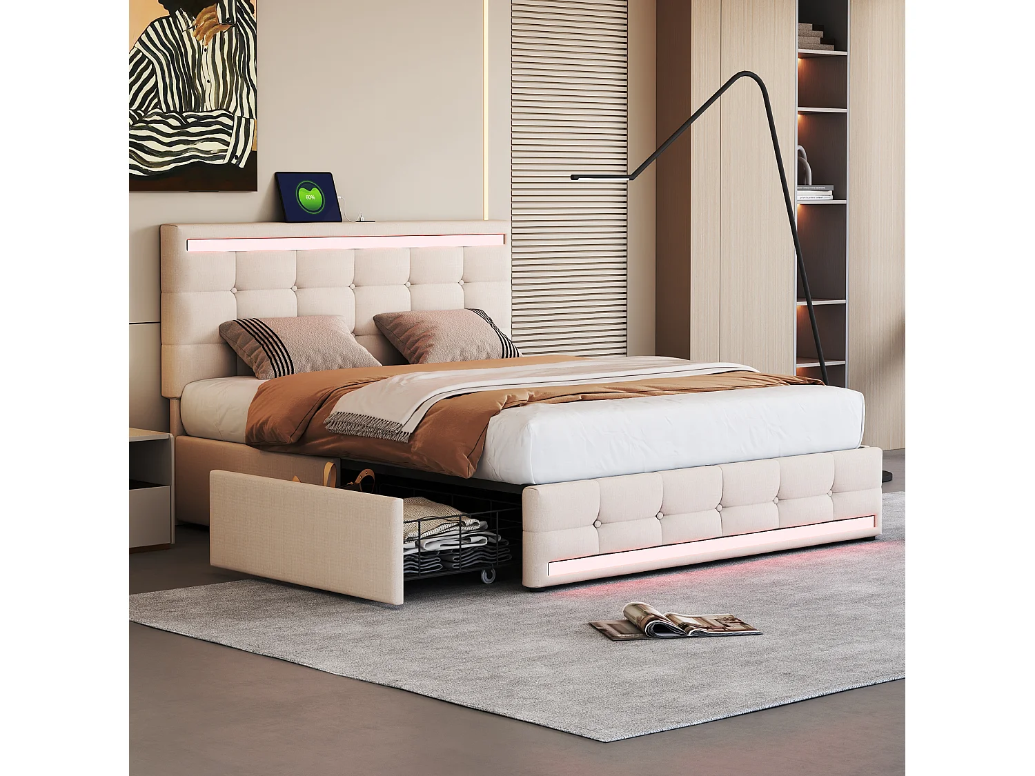 Łóżko tapicerowane z pojemnikiem na pościel - 140 x 200 cm - LED + 4 szuflady + zagłówek z USB - Tkanina lniana - Beż 4088882 - obrazek 1
