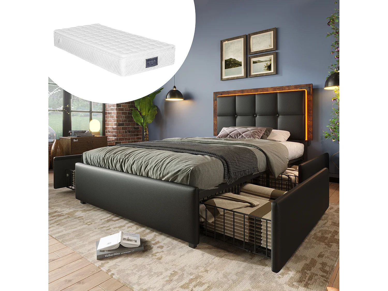 Łóżko tapicerowane ze schowkiem - 90 x 200 cm - Materac + LED-y + 4 szuflady + Regulowany zagłówek - Skóra PU - Czarny 4088887 - obrazek 1