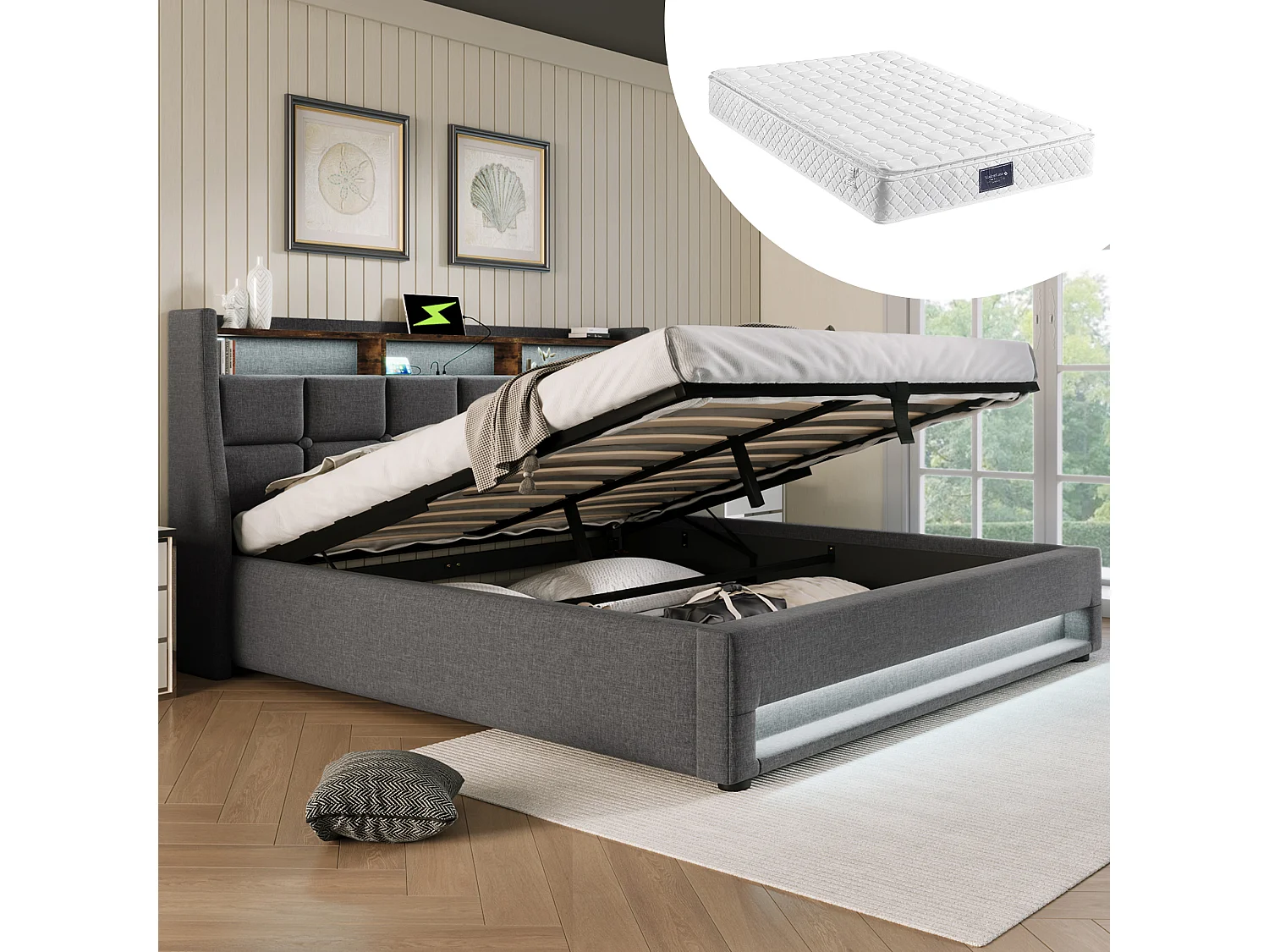 Łóżko tapicerowane z pojemnikiem dla młodzieży - 140 x 200 cm - Materac + LEDy + Zagłówek z USB - Tkanina lniana - szara 4088890 - obrazek 1