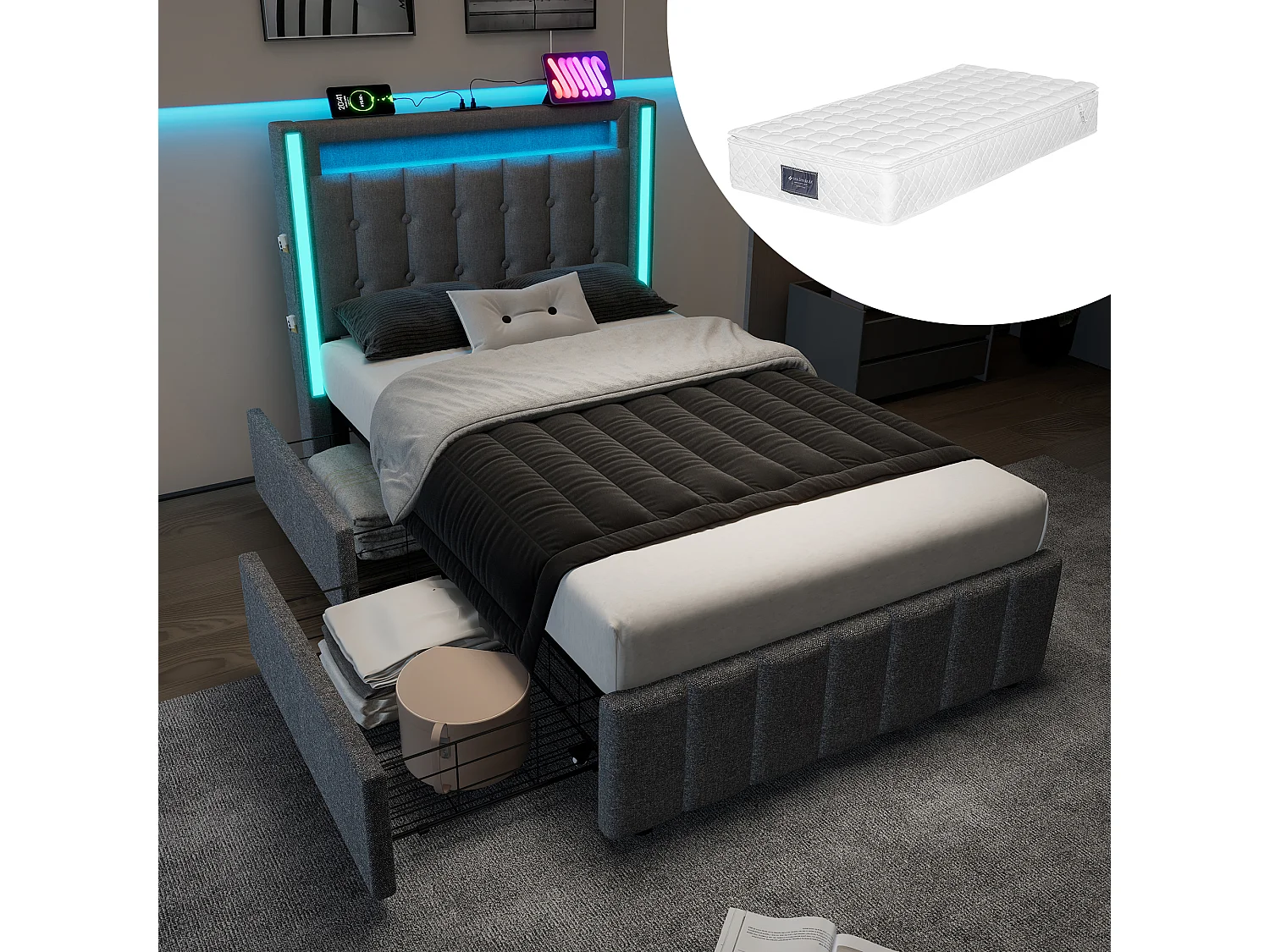 Łóżko tapicerowane z pojemnikiem dla młodzieży - 90 x 200 cm - Materac + LED-y + 2 szuflady + Zagłówek z USB - Tkanina lniana - Szary 4088891 - obrazek 1