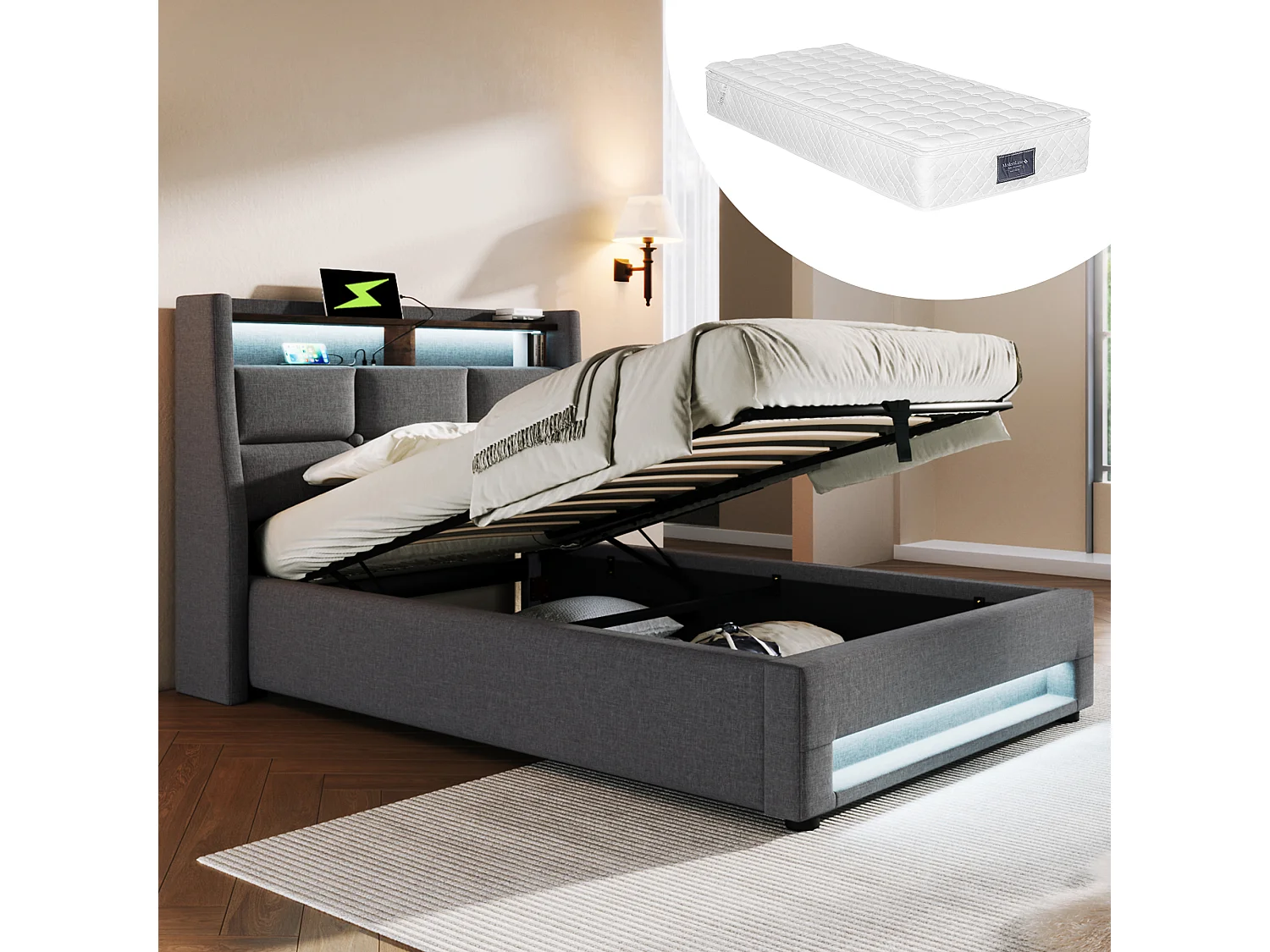 Łóżko tapicerowane z pojemnikiem dla młodzieży - 90 x 200 cm - Materac + LEDy + Zagłówek z USB - Tkanina lniana - szary 4088900 - obrazek 1