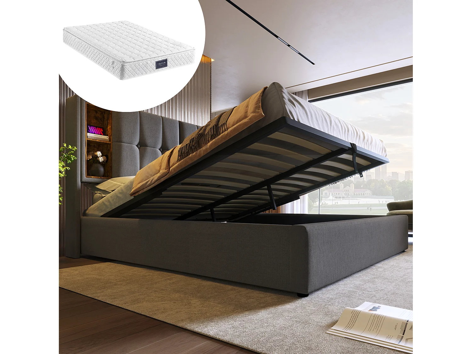 Łóżko tapicerowane dwuosobowe ze schowkiem - 140 x 200 cm - Materac + Zagłówek z USB - Tkanina bawełniana - Szary 4088895 - obrazek 1