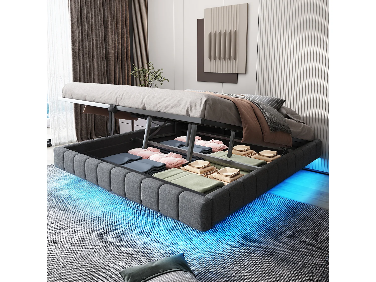 Łóżko tapicerowane dwuosobowe ze schowkiem - 180 x 200 cm - bez wezgłowia + diody LED - Tkanina lniana - Szare 4088903 - obrazek 1
