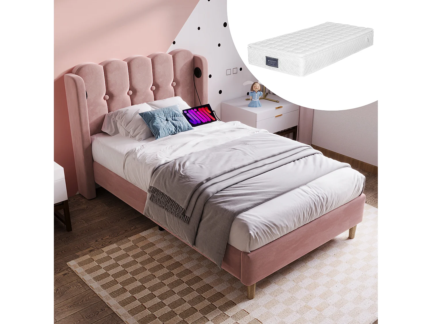 Łóżko tapicerowane jednoosobowe dla młodzieży - 90 x 200 cm - Materac + Zagłówek z USB - Tkanina lniana - róż 4088928 - obrazek 1