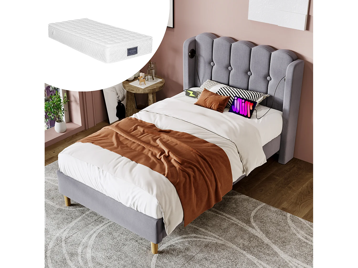 Łóżko tapicerowane dla młodzieży - 90 x 200 cm - Materac + Zagłówek z USB - Tkanina lniana - Szary 4088933 - obrazek 1