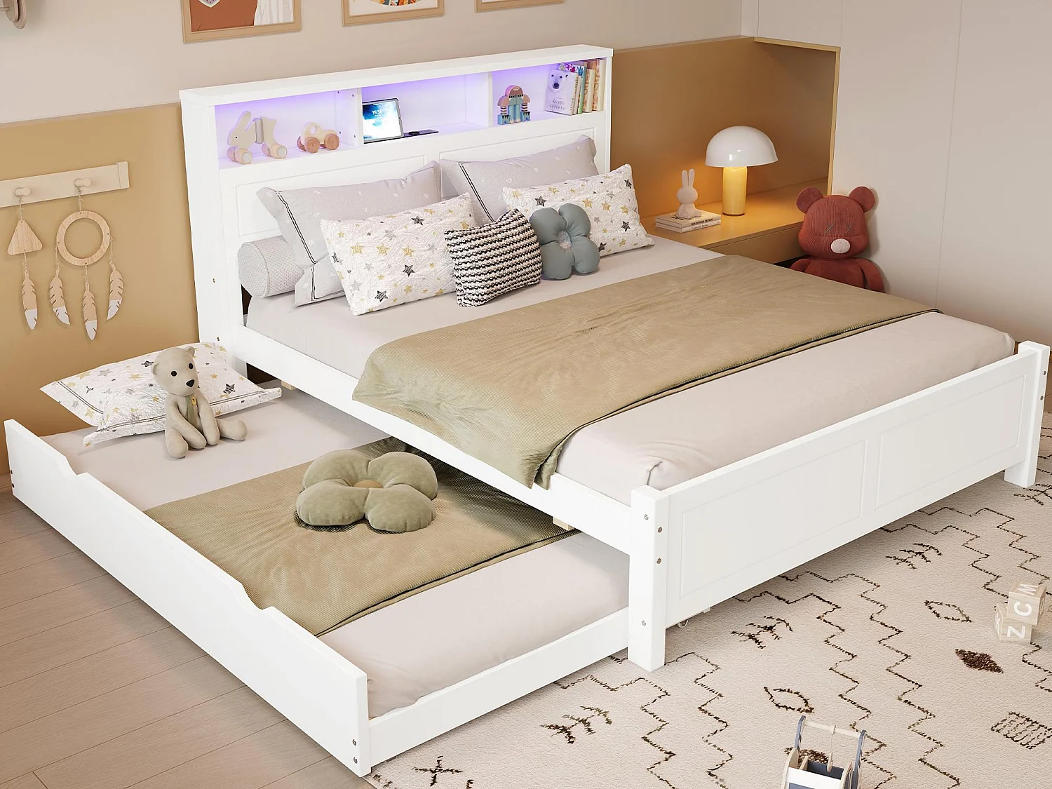 Łóżko podwójne 120x200 cm - Z łóżkiem schowkowym 90x190 cm - Z LED + gniazdkiem USB - Wezgłowie z miejscem do przechowywania - Biały 4097437 - obrazek 1