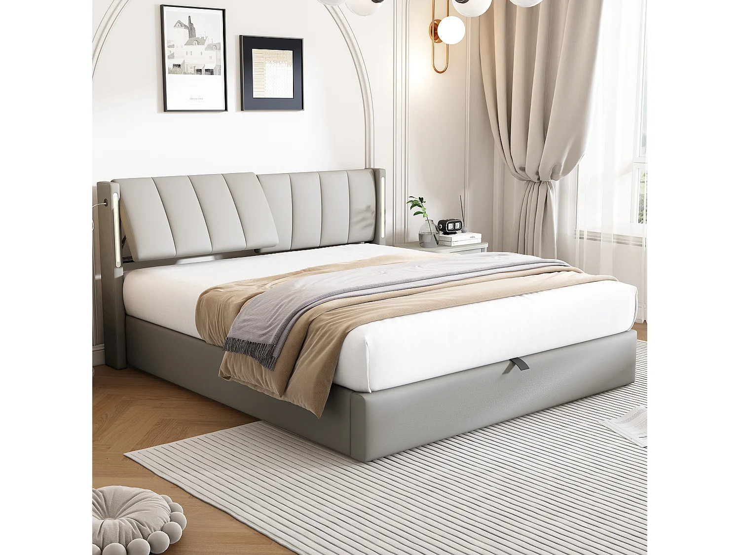 Łóżko tapicerowane ze schowkiem - 140 x 190 cm - z portem USB + diody LED + regulowany zagłówek - tkanina PU - szare 4098973 - obrazek 1