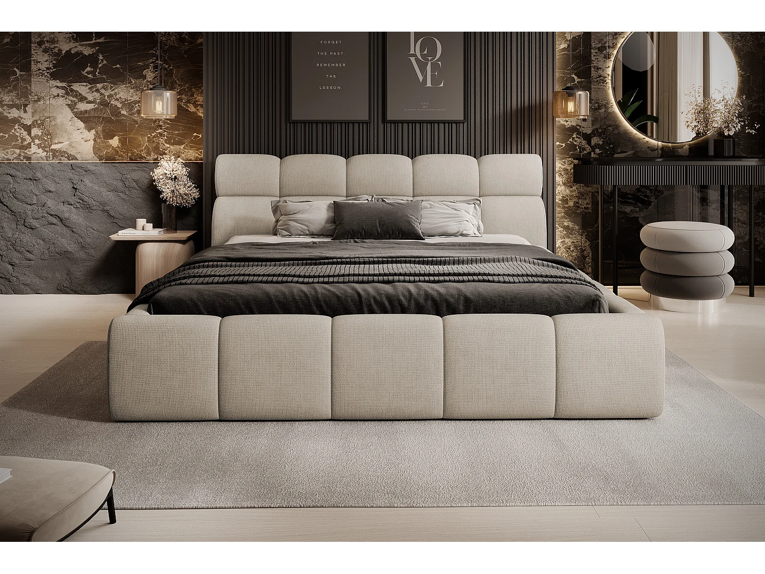 Łóżko tapicerowane GIULIA, komfortowe, z pojemnikiem na pościel, regulowanym wezgłowiem i LED, 140x200x96 cm, kolor: beżowy 3862476 - obrazek 1