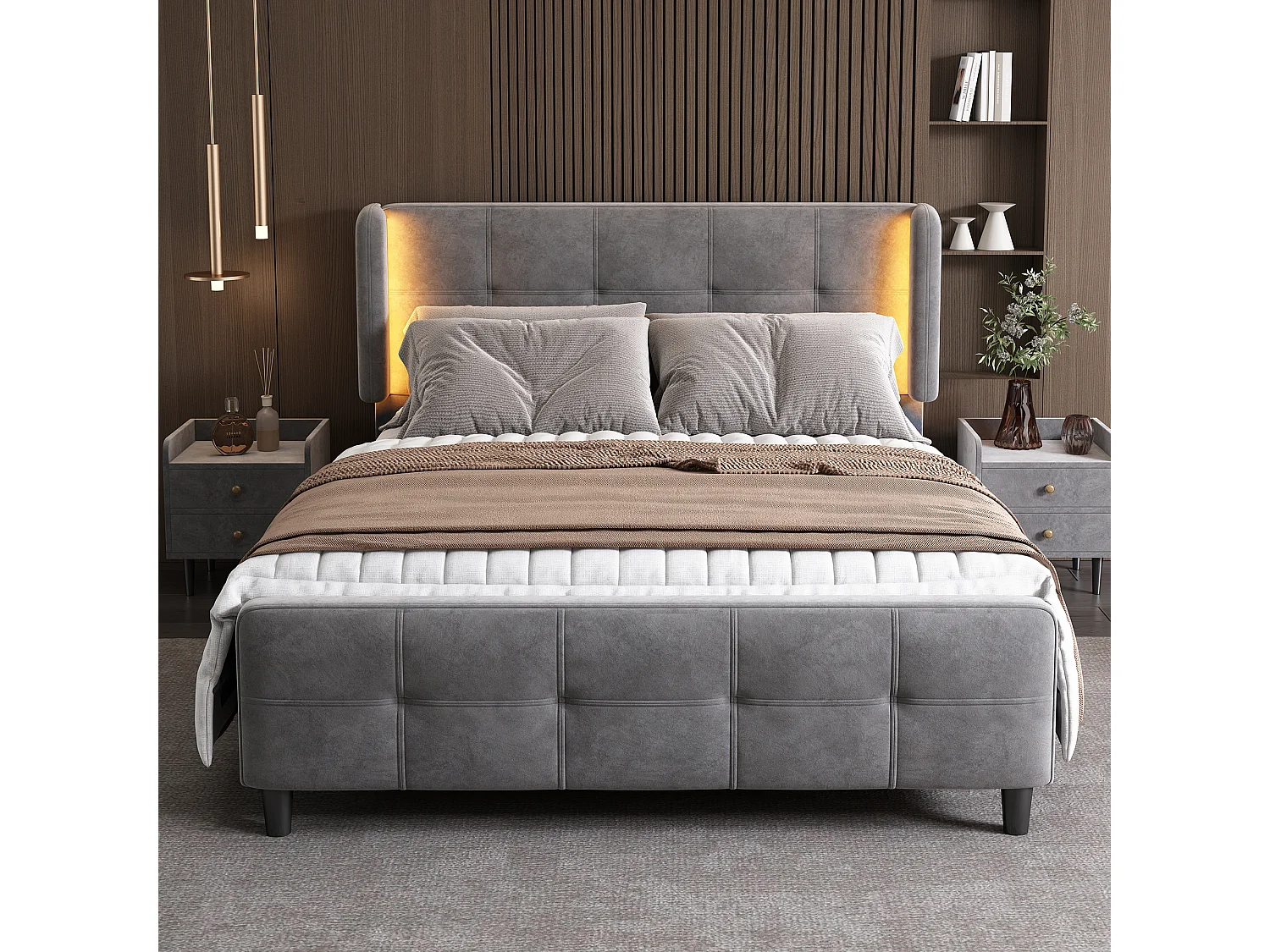 Łóżko tapicerowane dwuosobowe - 140 x 200 cm - z oświetleniem LED + regulowany zagłówek - aksamit - szary 4101472 - obrazek 1