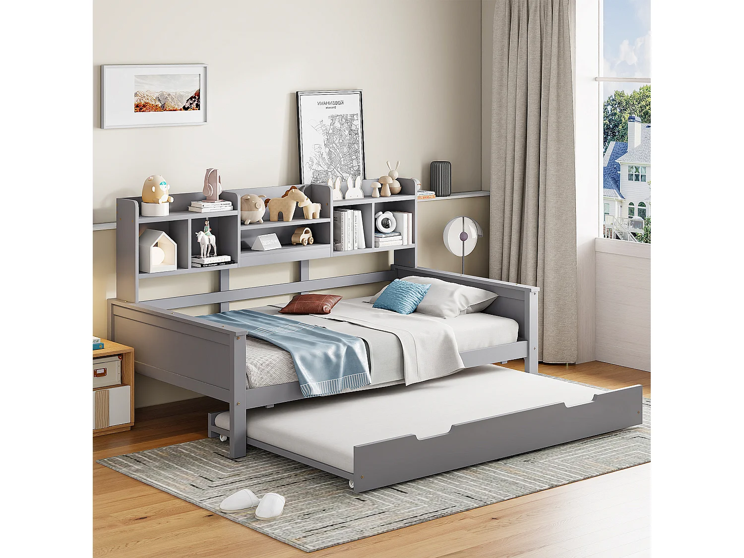 Łóżko pojedyncze z wysuwanym łóżkiem - 90 x 200 cm + 90 x 190 cm - Sofa rozkładana z miejscem do przechowywania - Drewno sosnowe + sklejka + MDF - szary 4101476 - obrazek 1