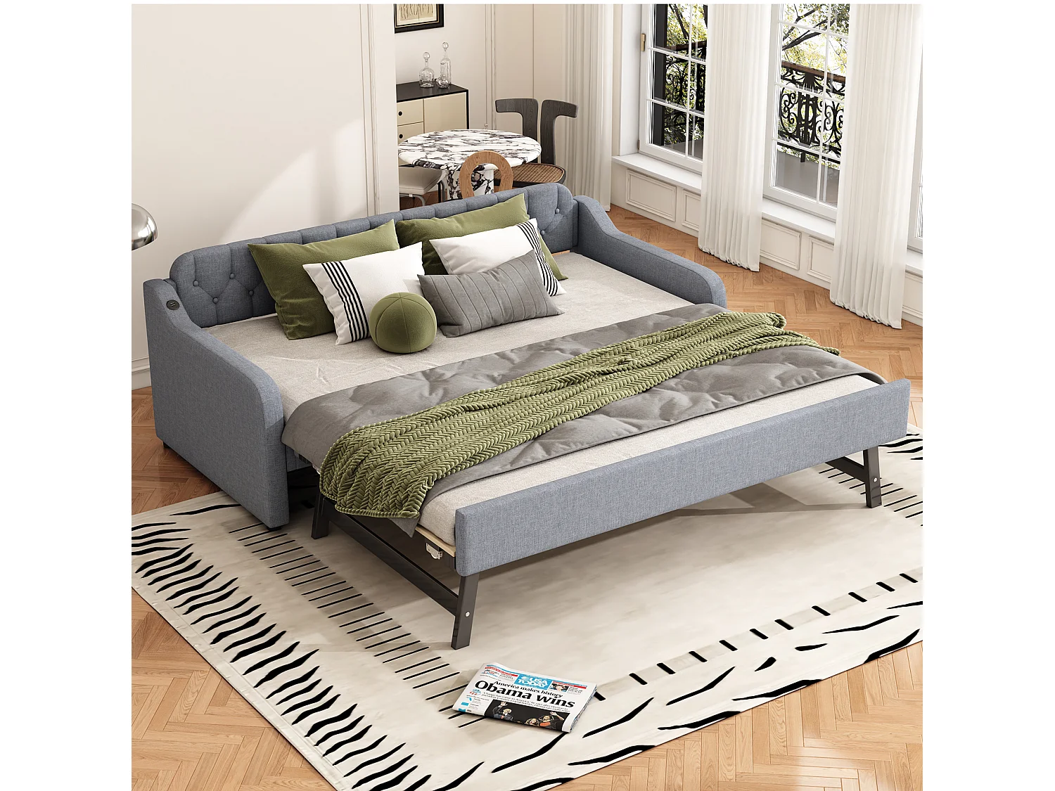 Łóżko pojedyncze z wysuwanym łóżkiem - 2 x 90 x 190 cm - Sofa rozkładana z USB - Pościel + MDF - szary 4101478 - obrazek 1