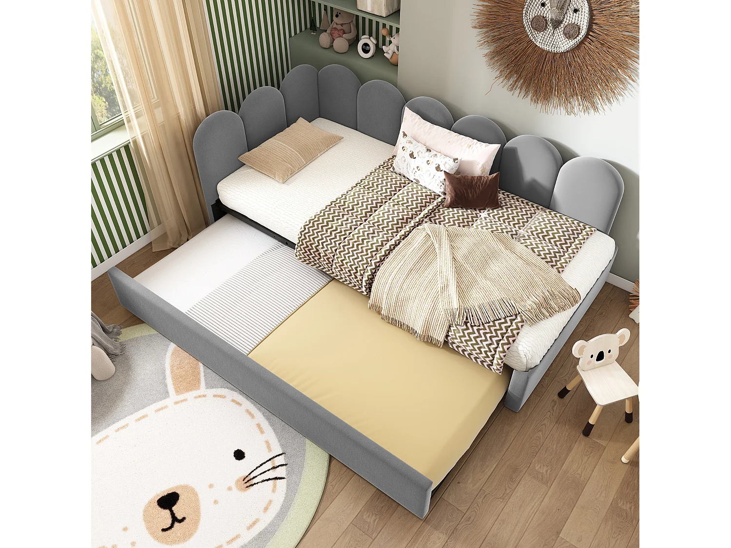 Łóżko tapicerowane wysuwane – 90 x 200 cm + 90 x 190 cm – sofa dziecięca rozkładana – bez materaca – aksamit – szary 4101477